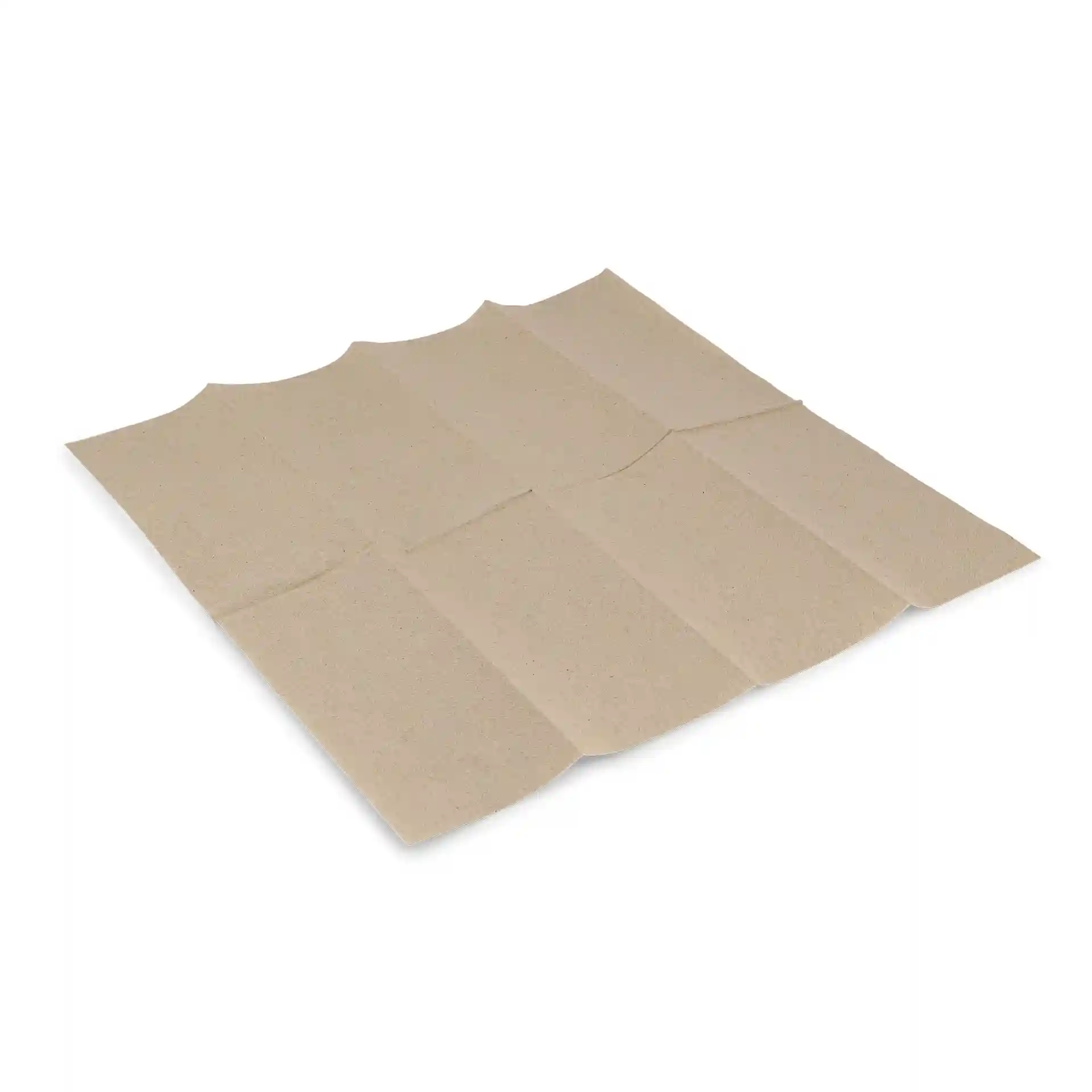 Rechteckige ungebleichte Recycling-Papierserviette, 40 x 40 cm, 2-lagig, 1/8 Faltung, flach auf weißem Hintergrund.