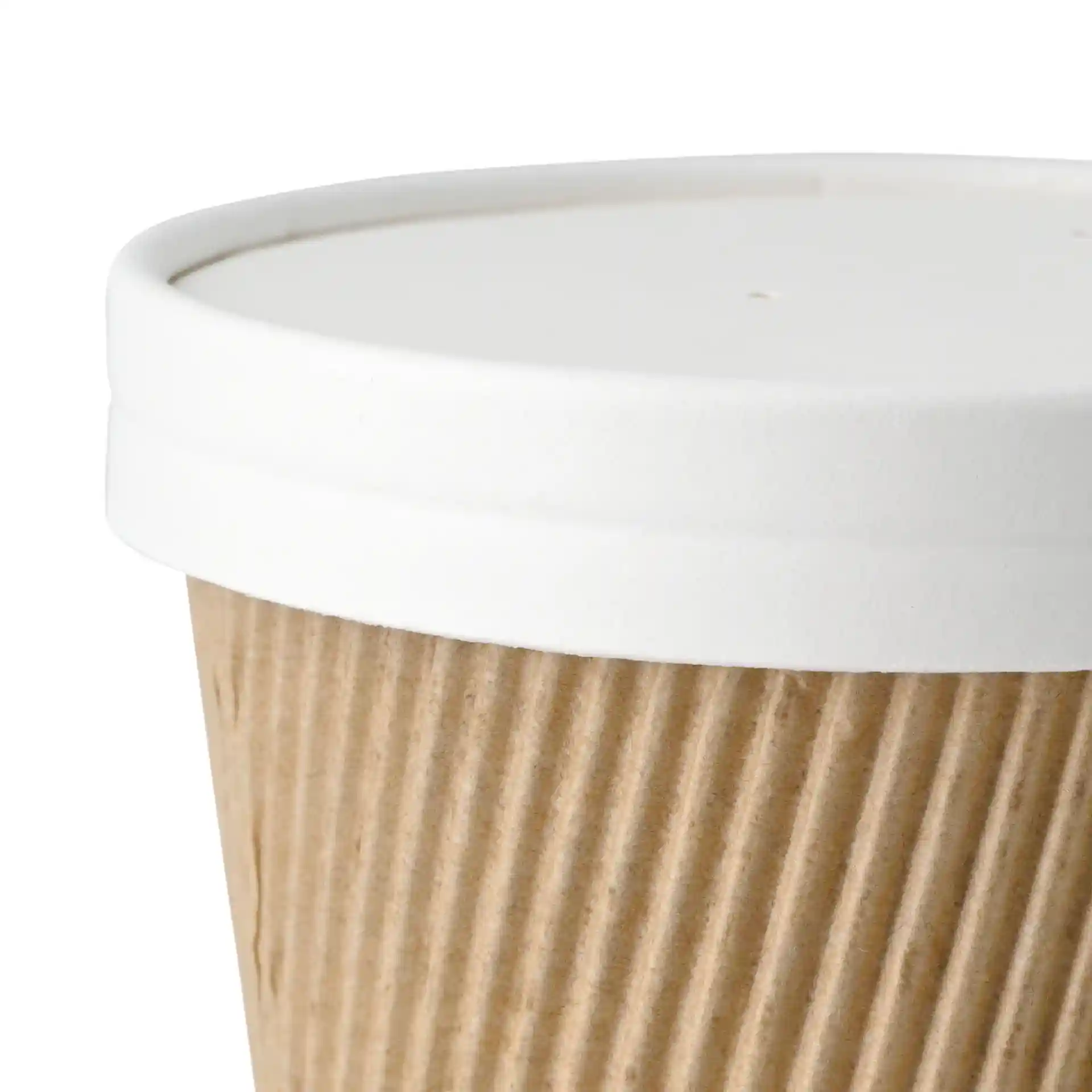 White cardboard cup with a ribbed texture and a flat white lid on top.