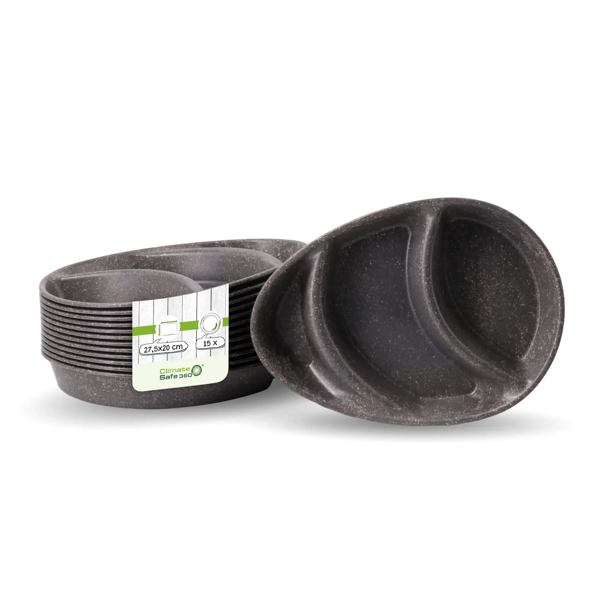 Reusable divided plates "merways Plate" 27.5 × 20 × 3.5 cm, 3 compartments, teardrop, pepper / grey dfc008381-mehrweg-menue-teller-merways-plate-275-x-20-x-35-cm-3-kammern-tropfenfoermig-pfeffer-grau