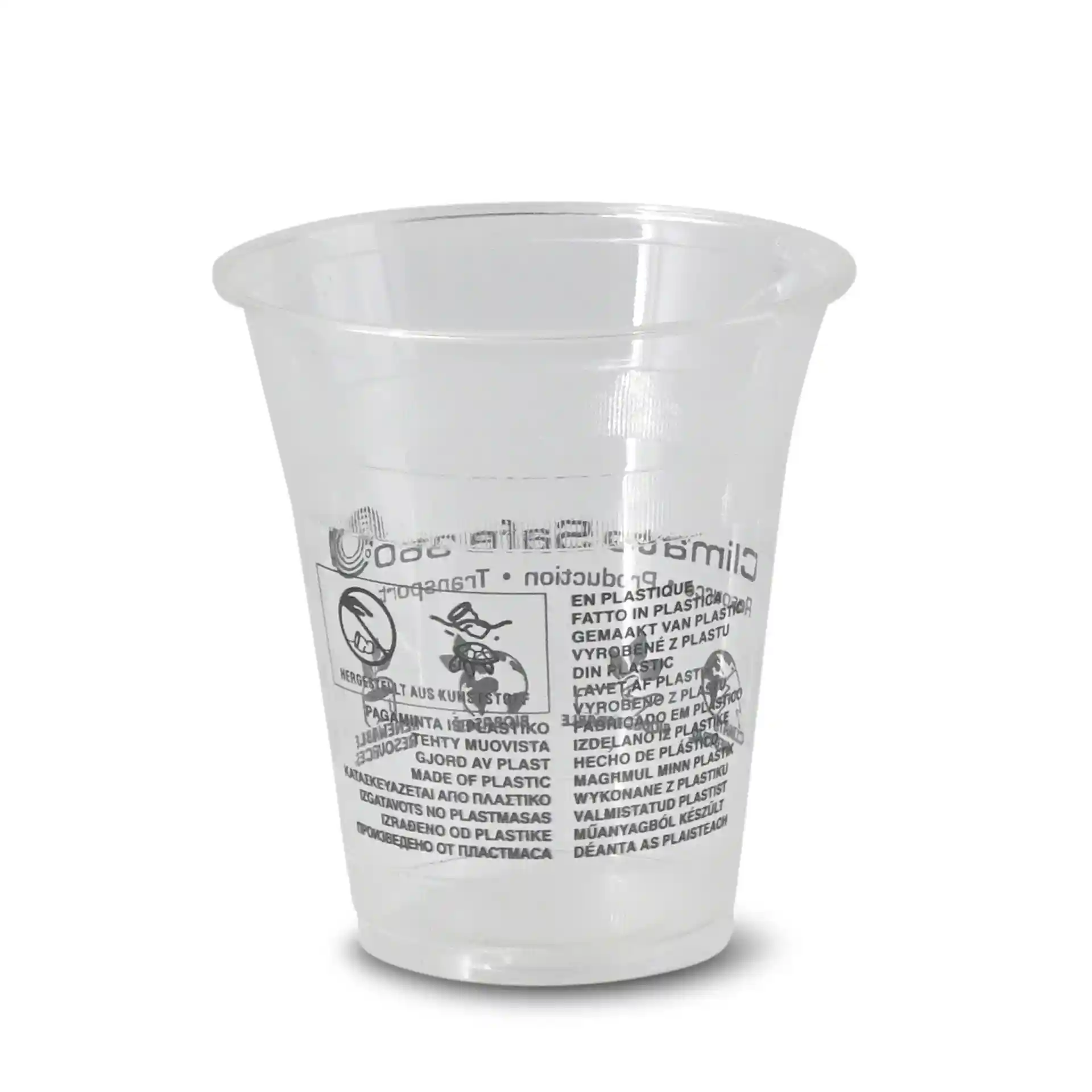 Transparenter 12 oz PLA Smoothie-Becher mit einer Höhe von 103 mm und einem Durchmesser von 96 mm, mit gedruckten Markierungen.
