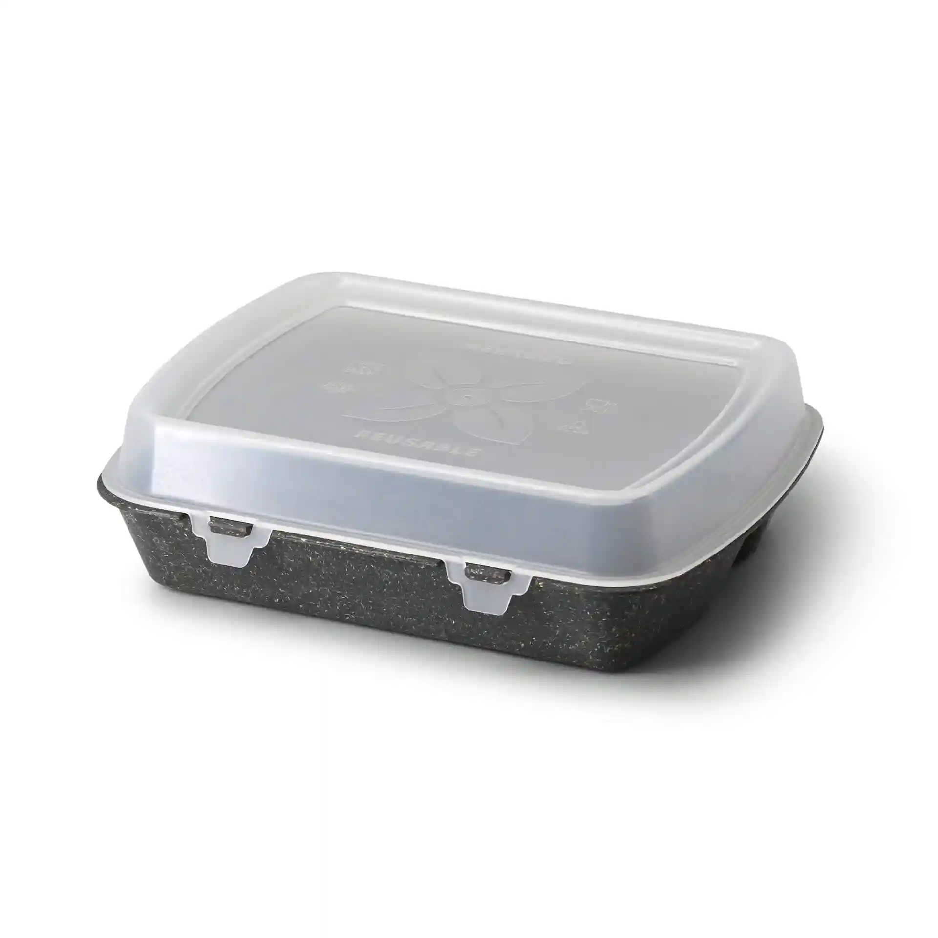 Reusable meal container with a grey base and transparent lid, featuring three compartments. Dimensions: 24.5 x 20 x 4.5 cm.