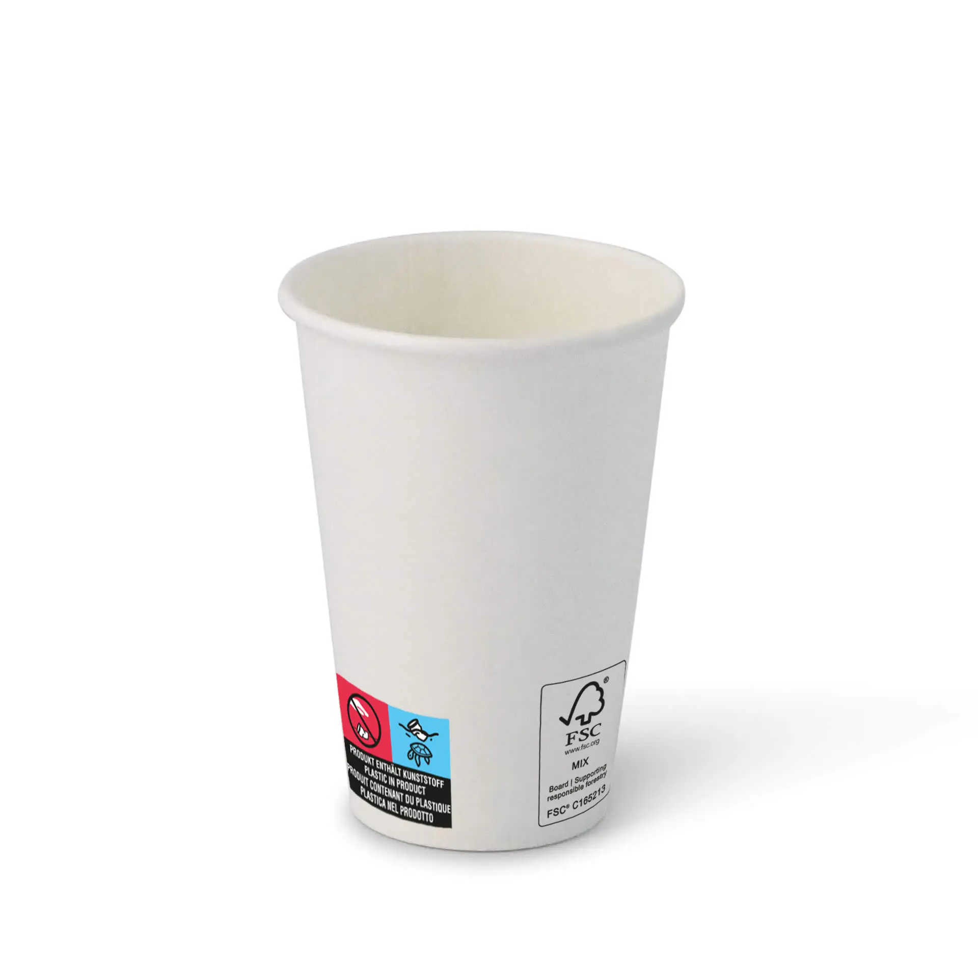 Weißes Pappbecher für Verkaufsautomaten, 7,5 oz, mit PE-Beschichtung; verfügt über Etiketten und Symbole an der Seite.