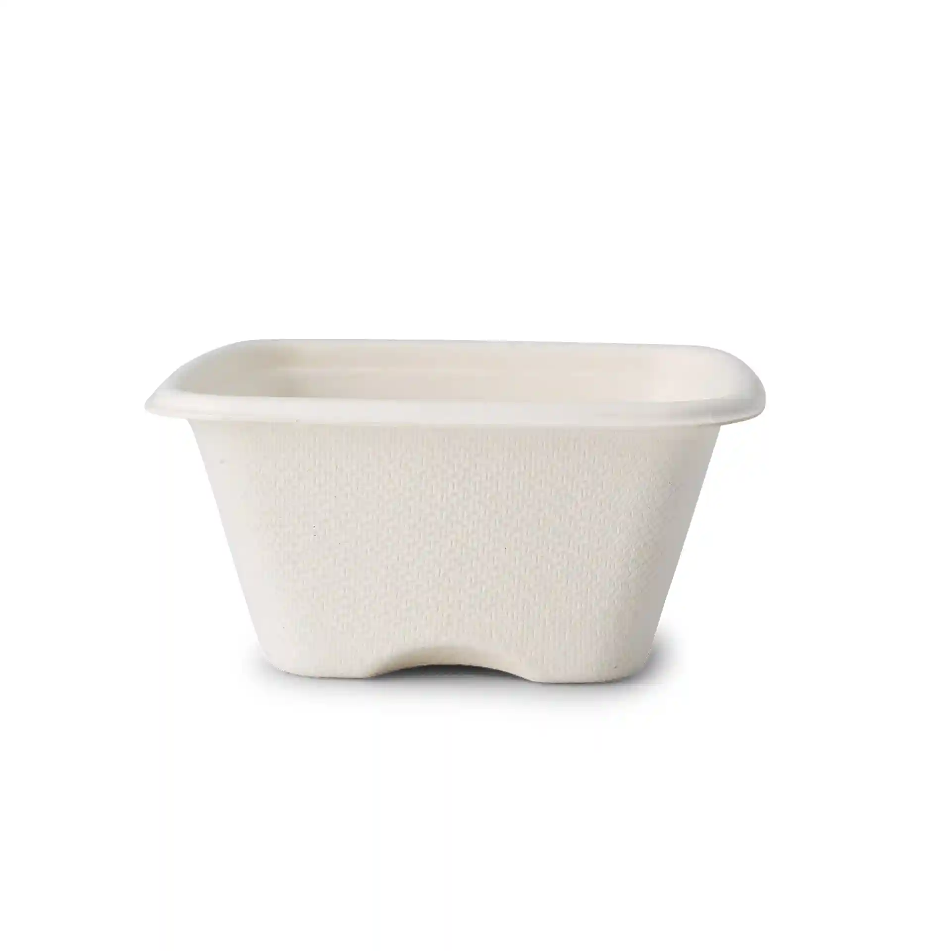 Weißer quadratischer Bagasse-Portionsbecher, 100 ml, 81 x 81 x 37 mm, mit strukturierter Oberfläche.