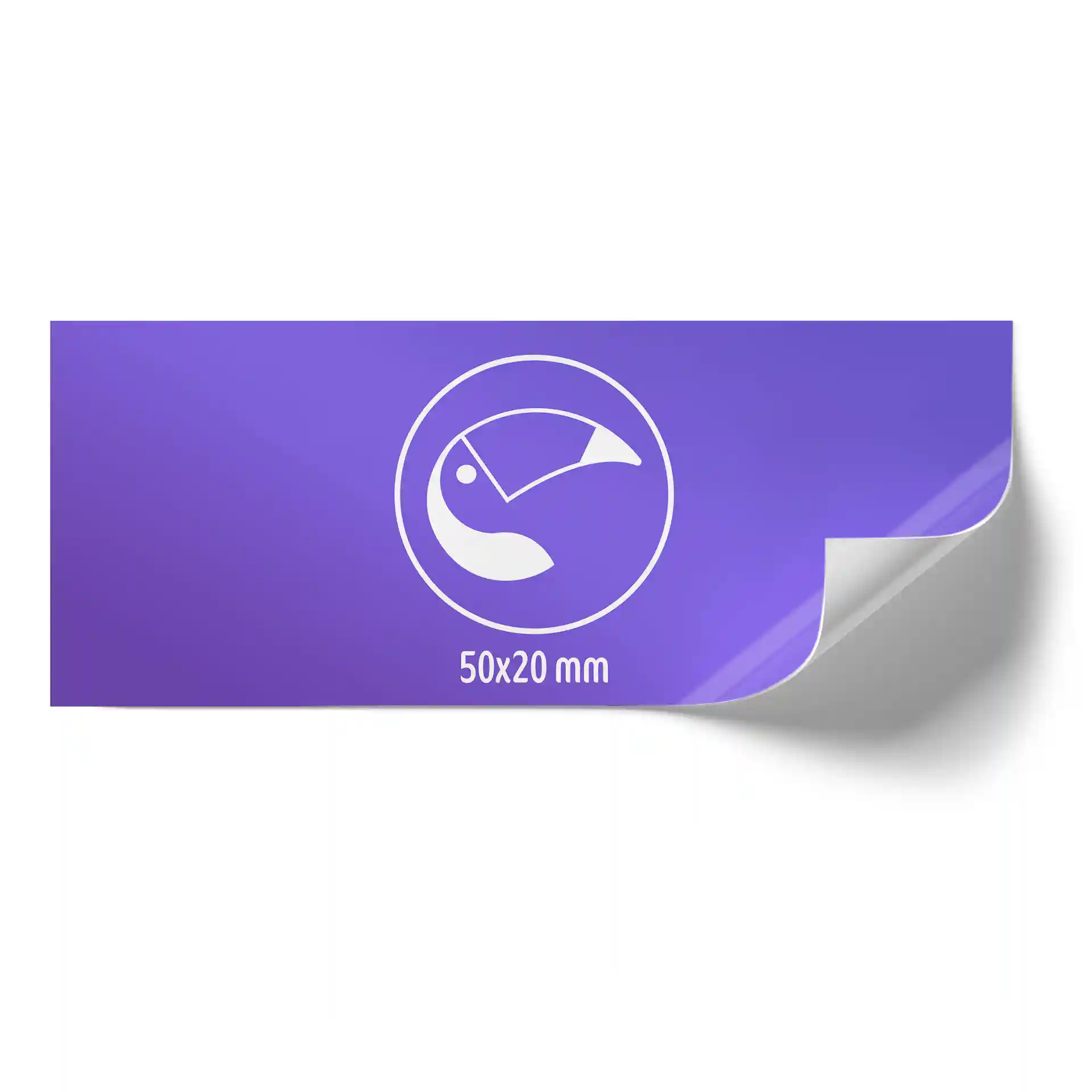 Rectangular printed label in purple with a white icon and dimensions of 50 x 20 mm, showing a corner curl.