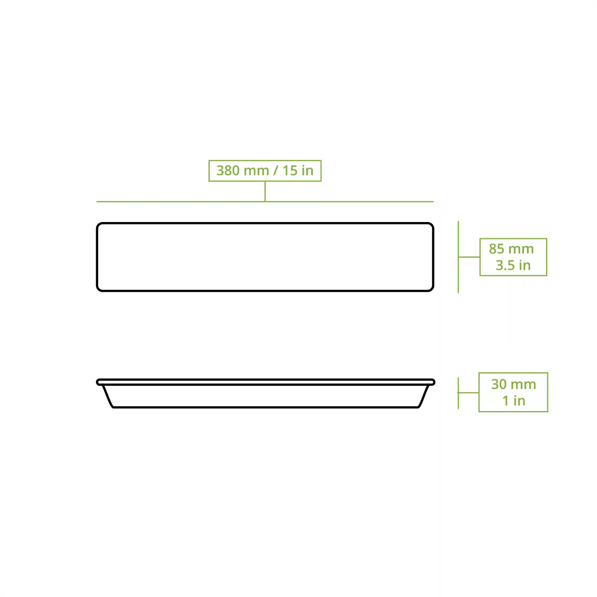 Schematic drawing of a rectangular palm leaf tray with dimensions 380 mm by 85 mm and height 30 mm.