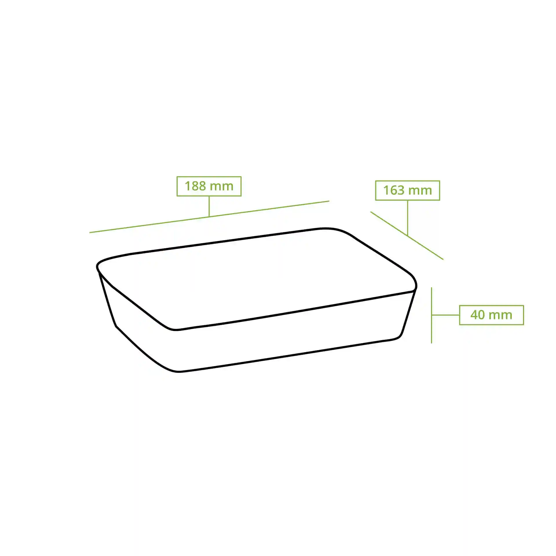 Schematic drawing of a rectangular sugarcane dip plate with dimensions 188 mm by 163 mm and height 40 mm.