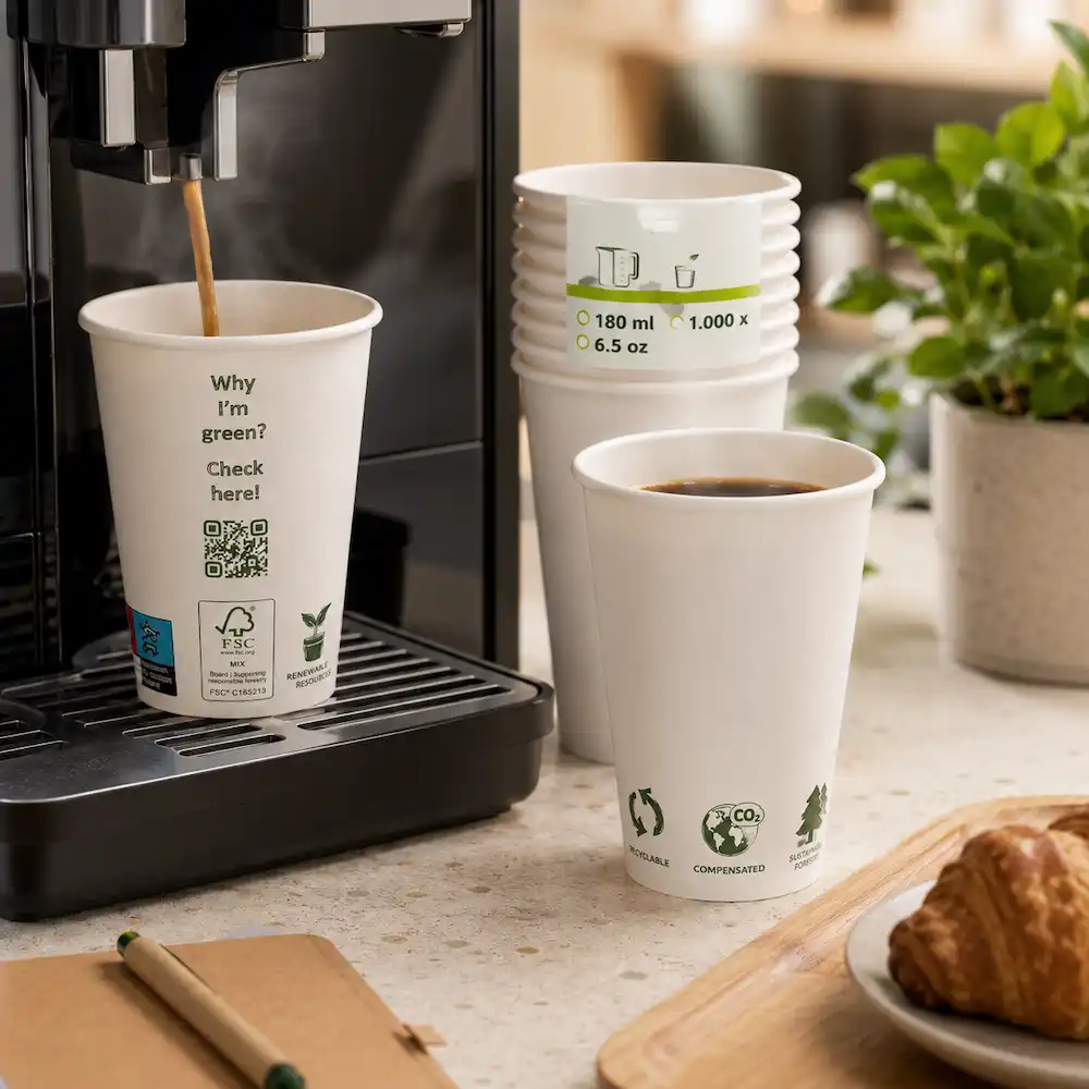 Weiße Einwegbecher neben einer Kaffeemaschine, während heißer Kaffee eingeschenkt wird.