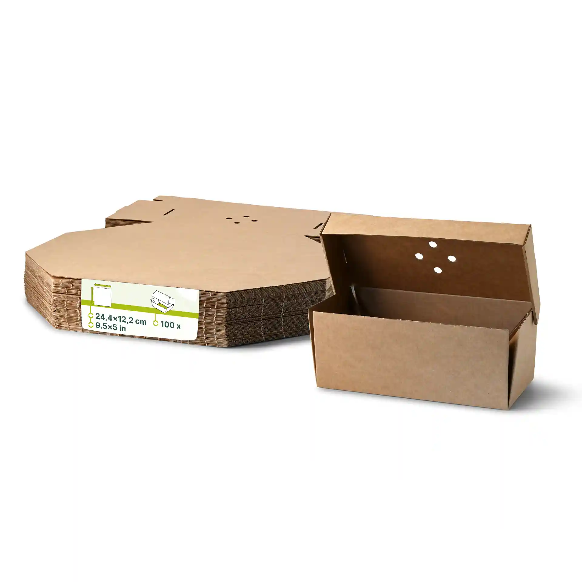 Stapel brauner Papp-Takeaway-Boxen mit einer geöffneten Box, die Löcher im Deckel zeigt. Maße: 24,4 x 12,2 x 10,2 cm.