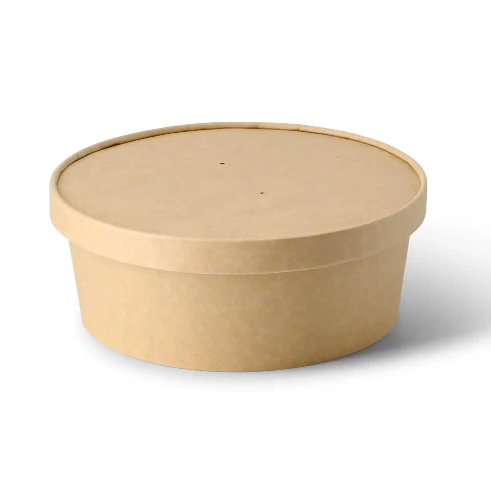 Round brown cardboard bowl with a lid, measuring 185 mm in diameter and 65 mm in height.