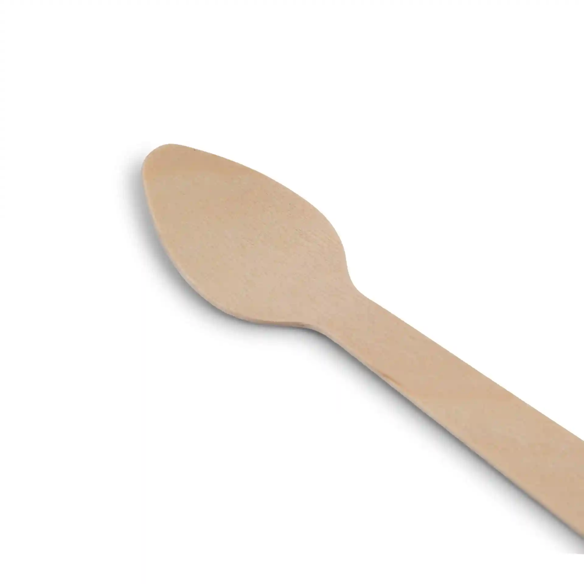 Wooden espresso spoon, 11 cm long, with a smooth brown finish and rounded tip, placed on a white background.