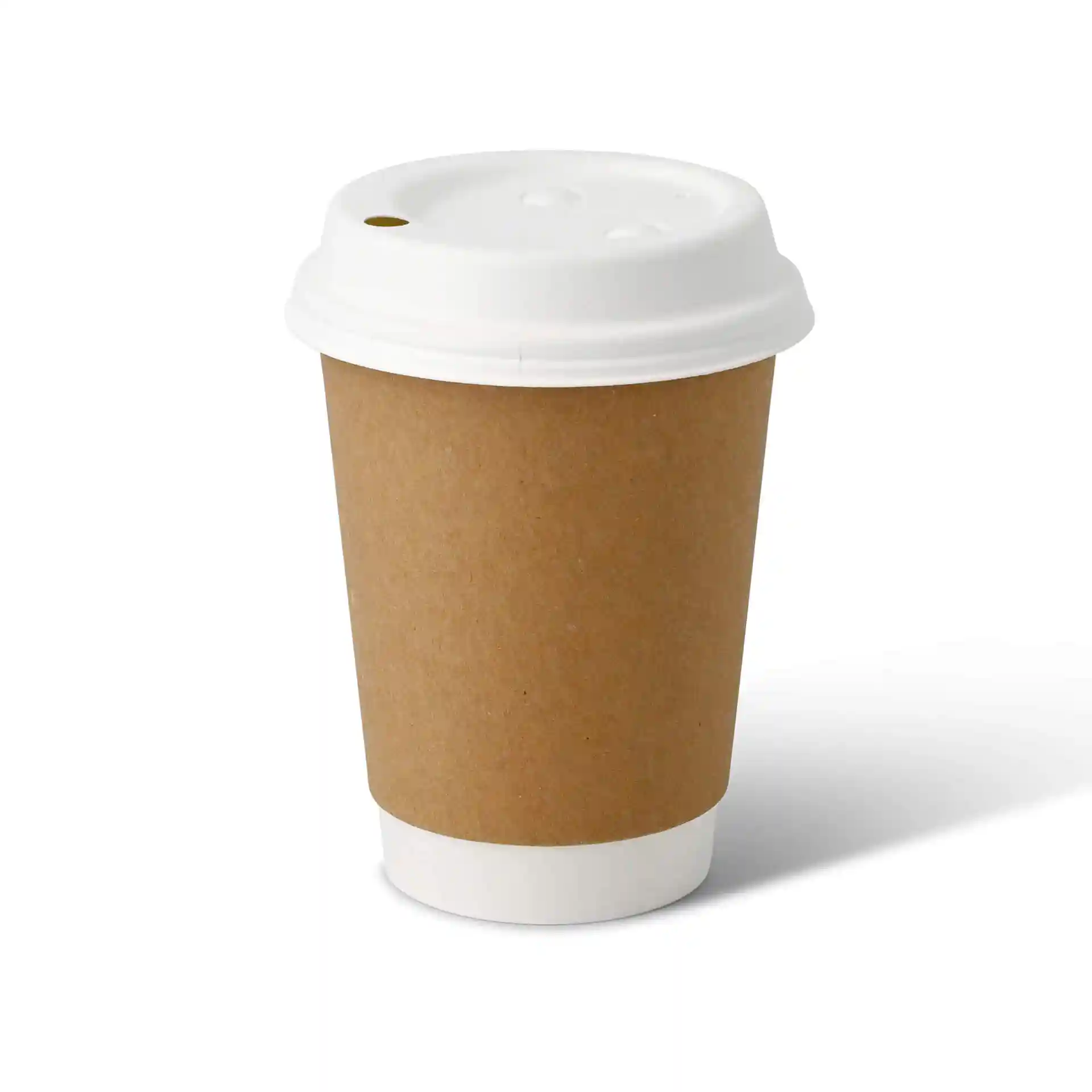 Brown double-walled cardboard coffee cup with a white lid, 12 oz capacity, on a plain background.