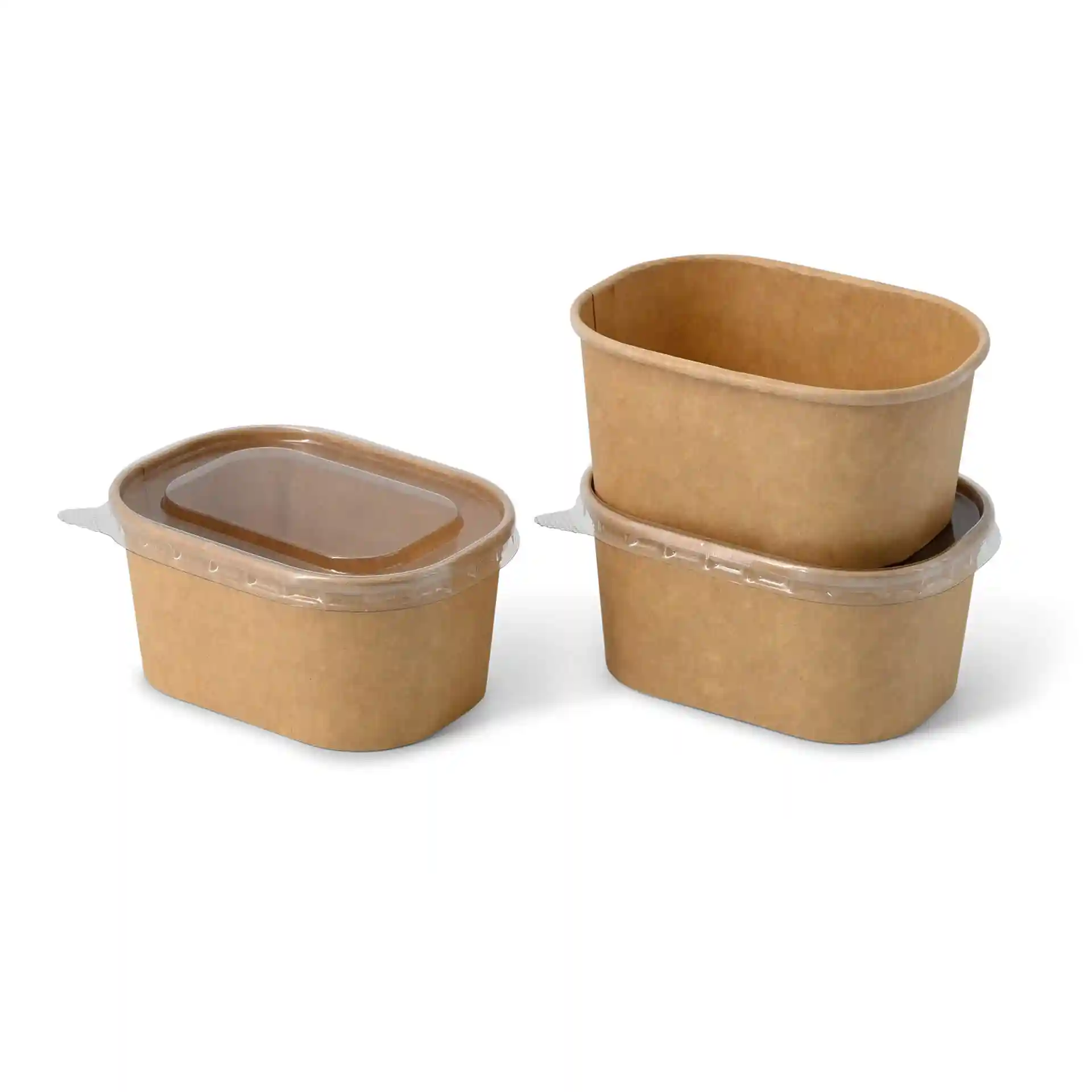 Three rectangular kraft food containers with transparent lids, one on top of two stacked containers.