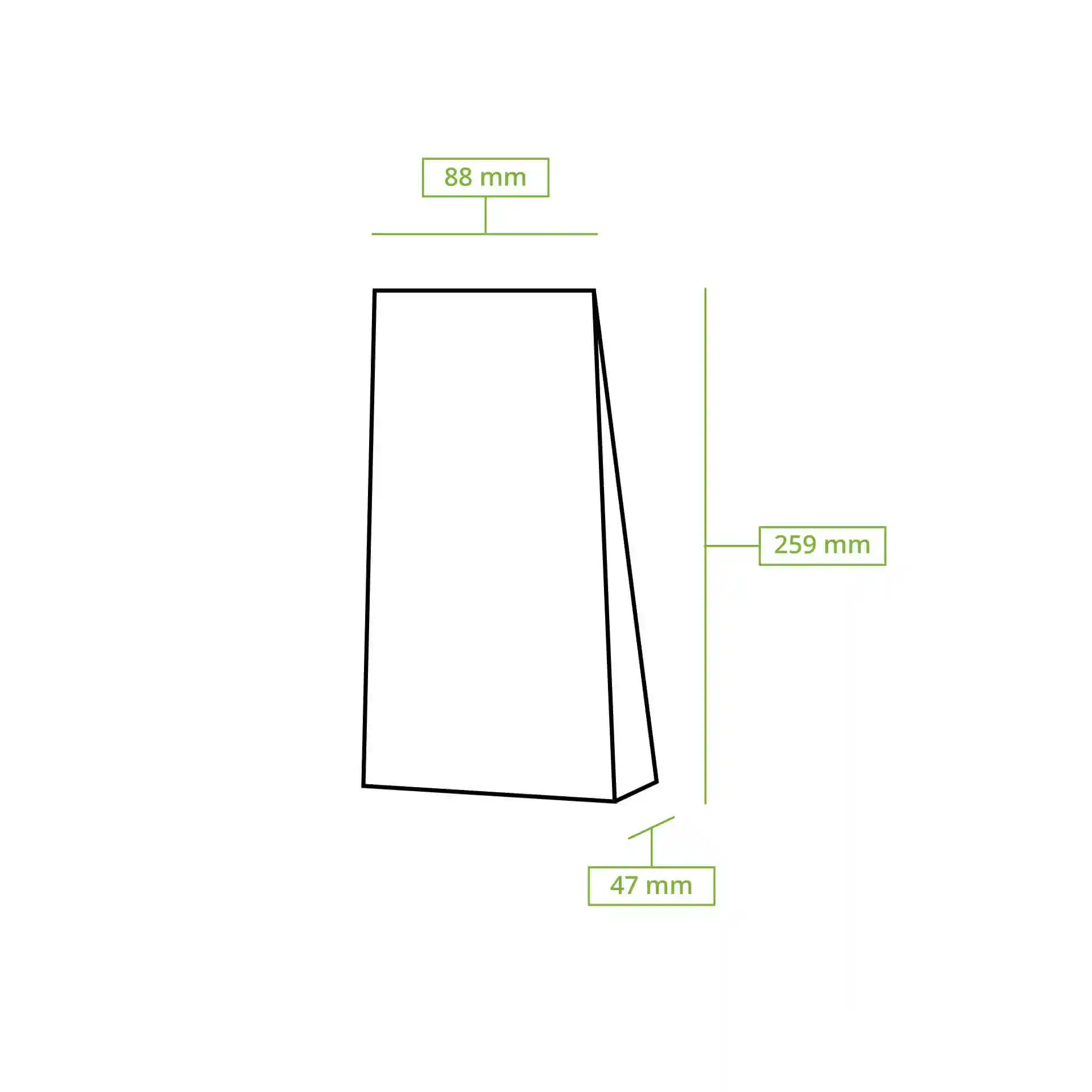 Schematische Zeichnung einer Blockbodenbeutels mit den Abmessungen 88 mm Breite, 47 mm Tiefe und 259 mm Höhe.