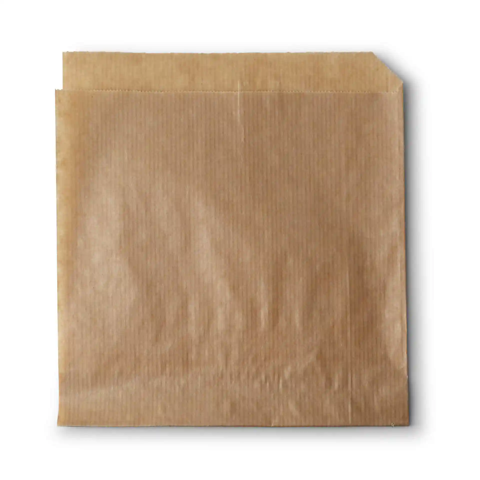 Braune Papiertüte für Snacks, an zwei Seiten geöffnet, 16 x 15 cm groß.