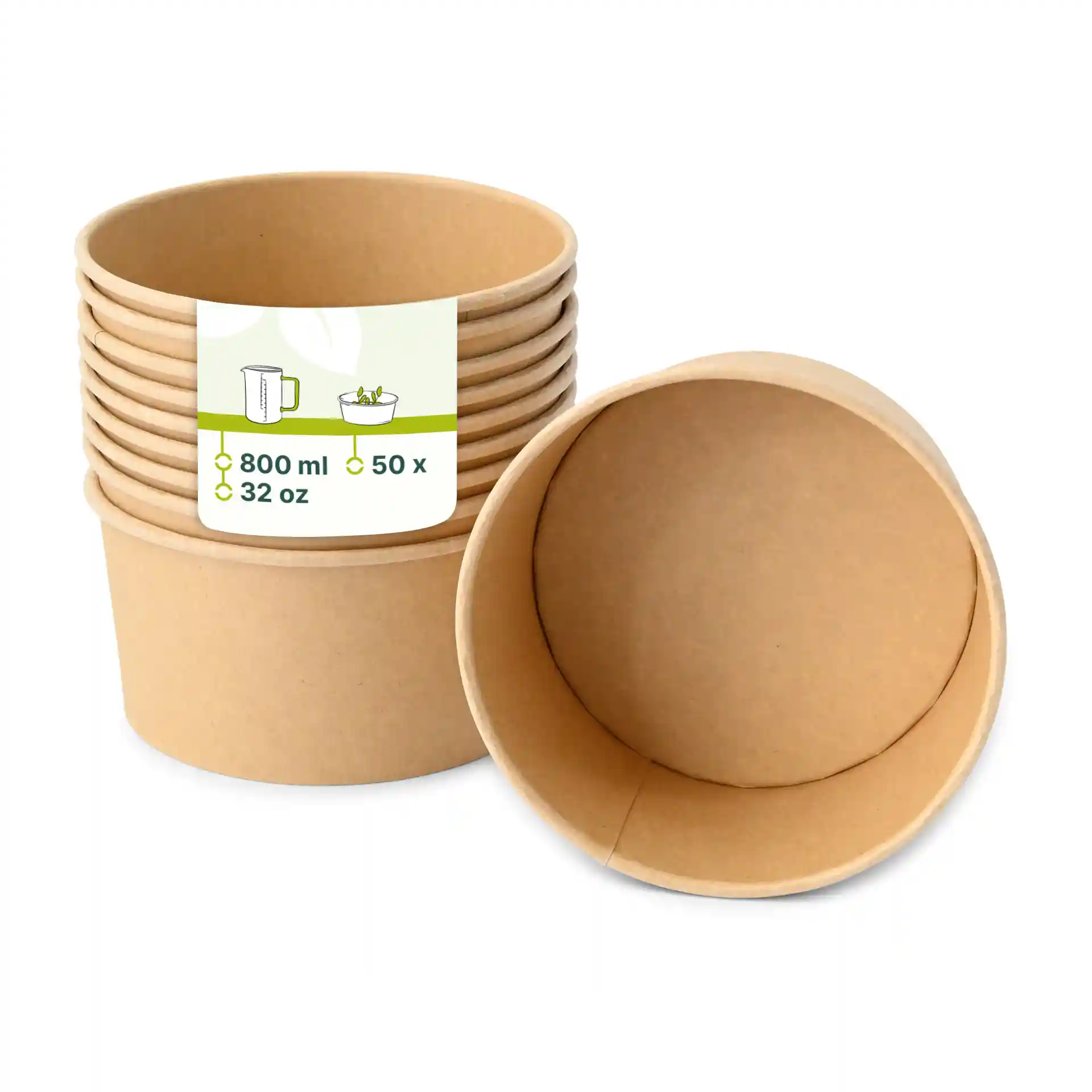 Stapel brauner Pappteller mit einem Etikett, das eine Kapazität von 800 ml und Abmessungen zeigt, eine Schüssel ist umgedreht.