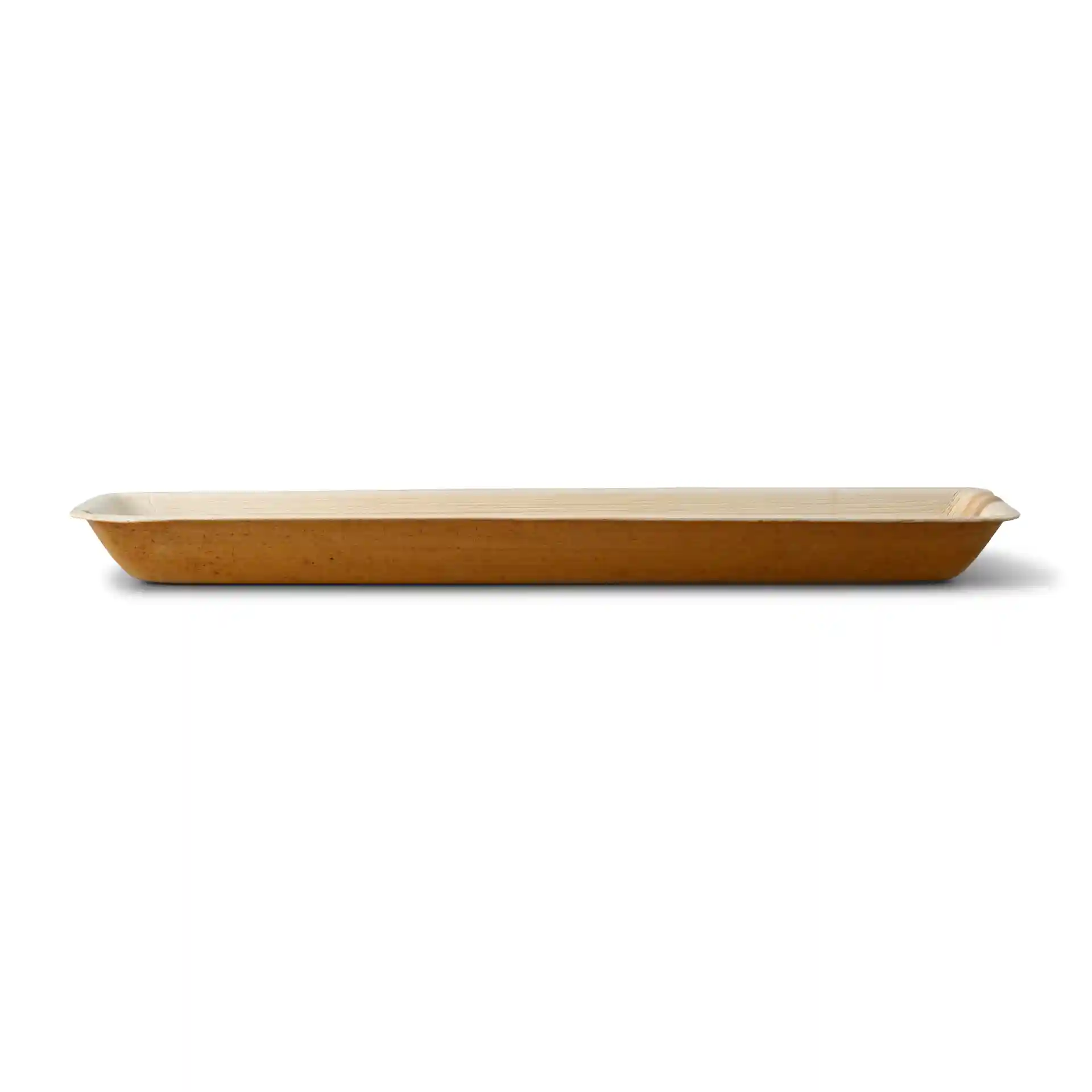 Rechteckiges Palmblatt-Tablett in Getreidefarbe, 38 x 8,5 cm, Höhe 3 cm.