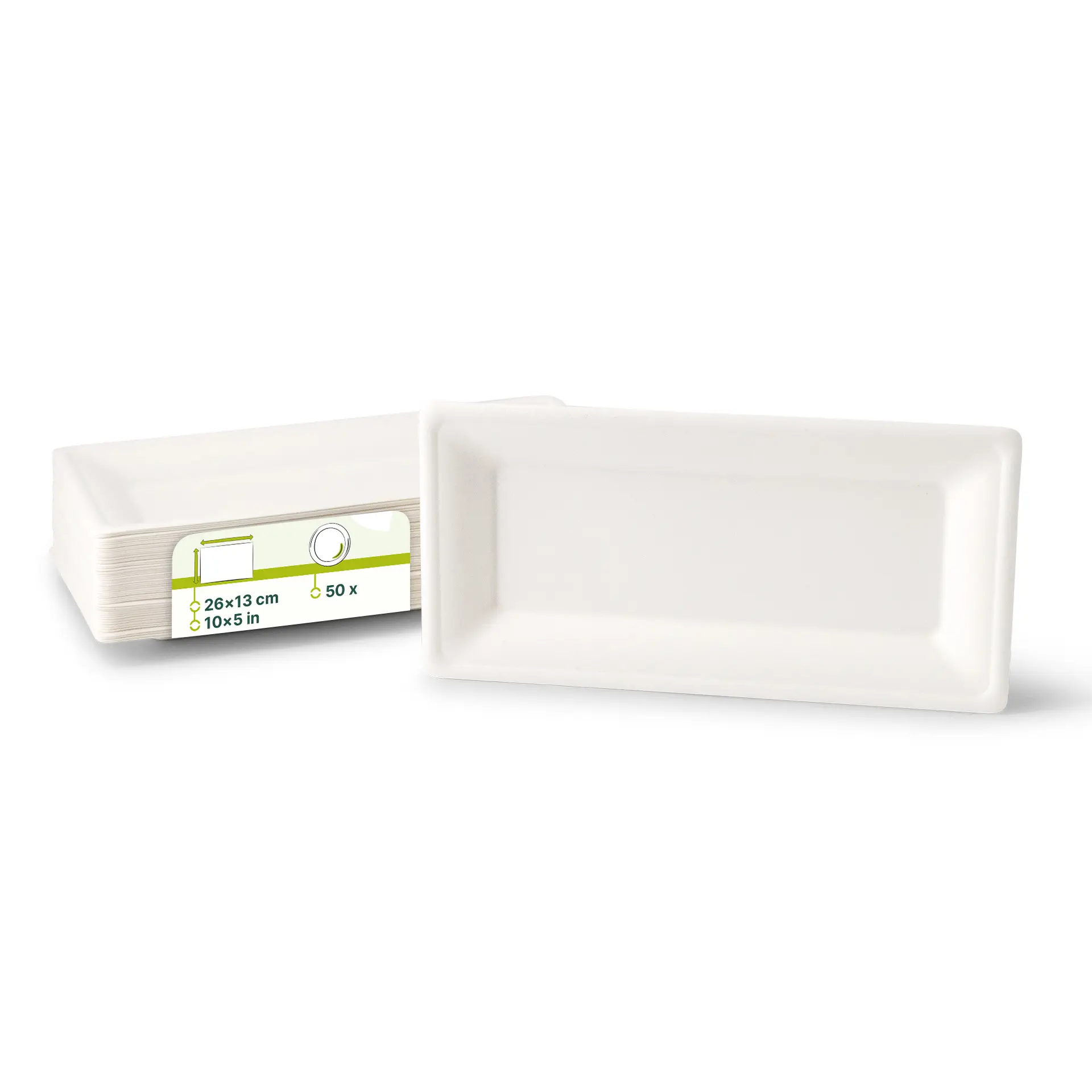 Teller aus Zuckerrohr 26 x 13 cm, rechteckig Teller aus Zuckerrohr 26 x 13 cm, rechteckig