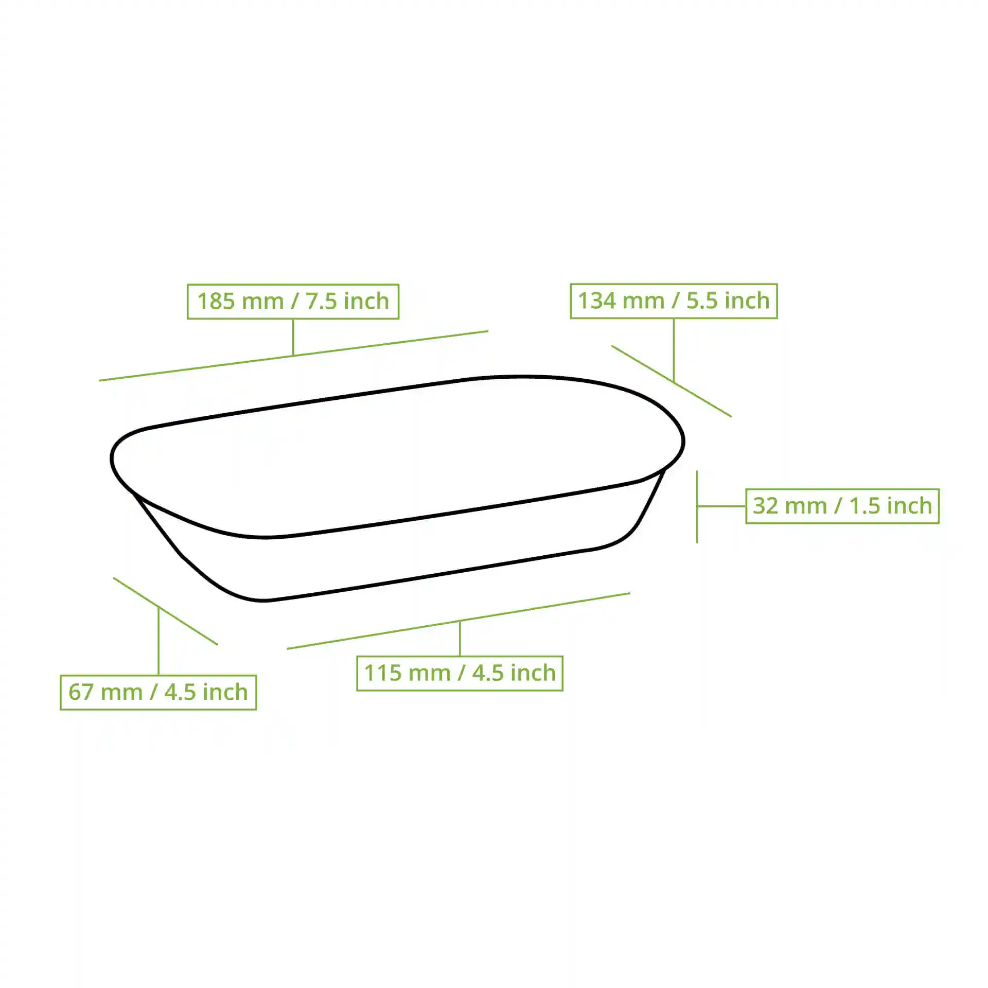 Schematic drawing of an oval snack bowl with dimension lines indicating length, width, and height measurements.