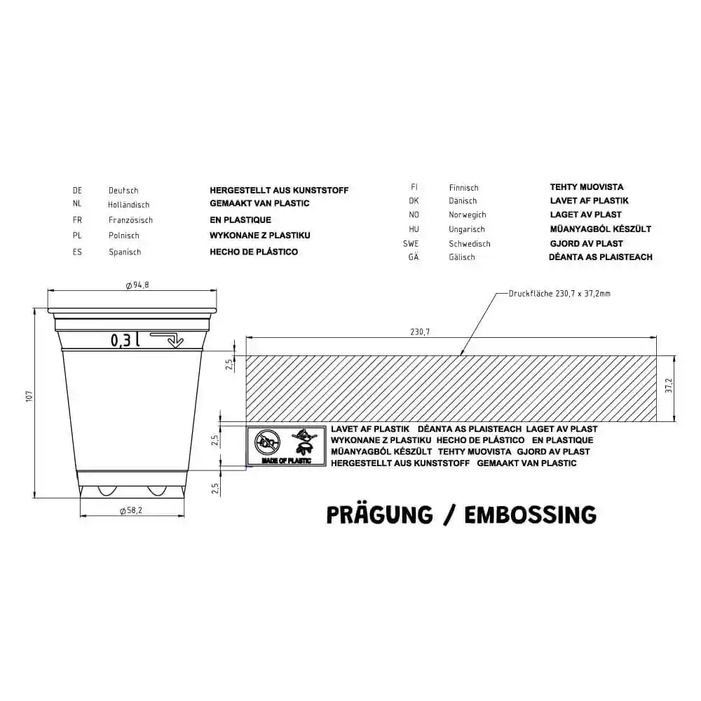 Schematische Zeichnung eines 12 oz rPET-Bechers mit Abmessungen und Markierungen, Durchmesser oben 95 mm, Höhe 107 mm.