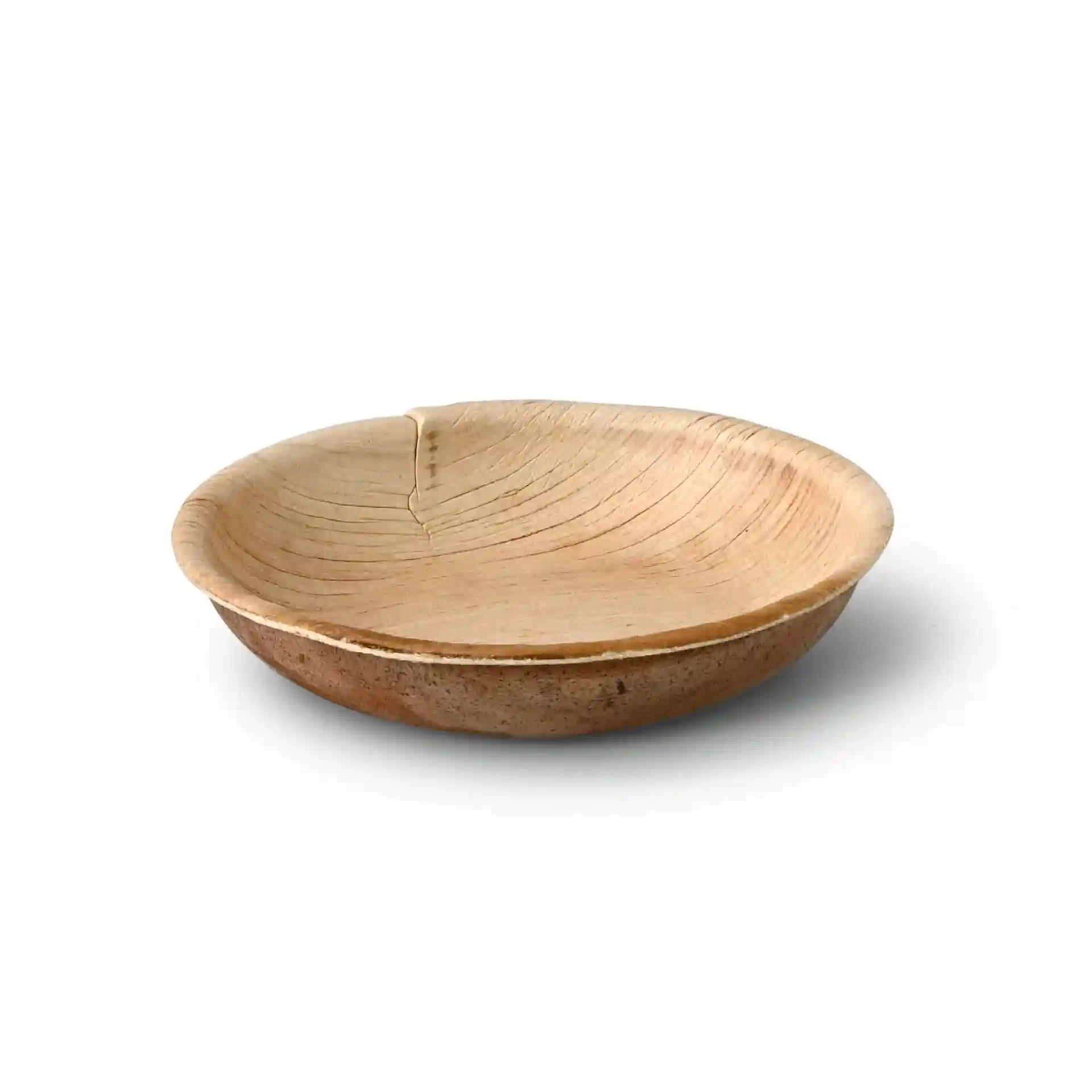 Runde Palmblatt-Schüssel mit einer Holzmaserung, 100 mm Durchmesser und 20 mm Höhe.