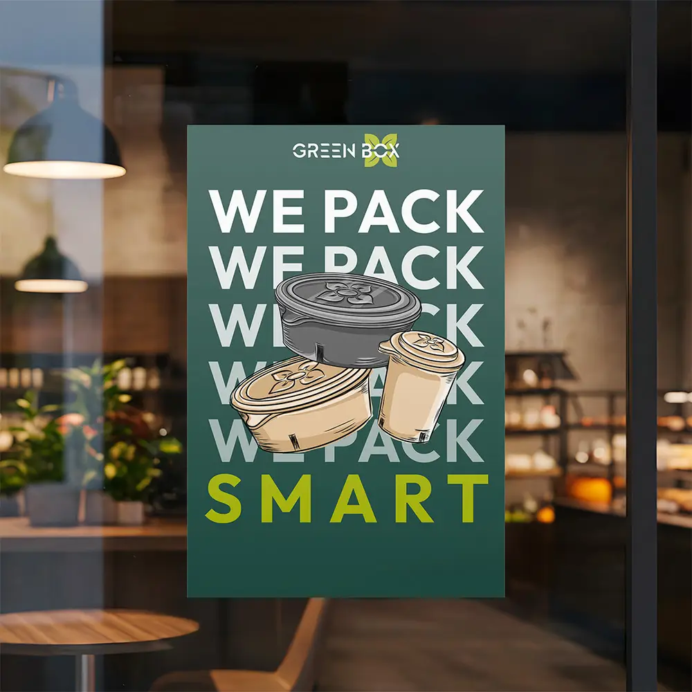 Poster featuring three illustrated food containers with the text "WE PACK GREEN" on a white background.
