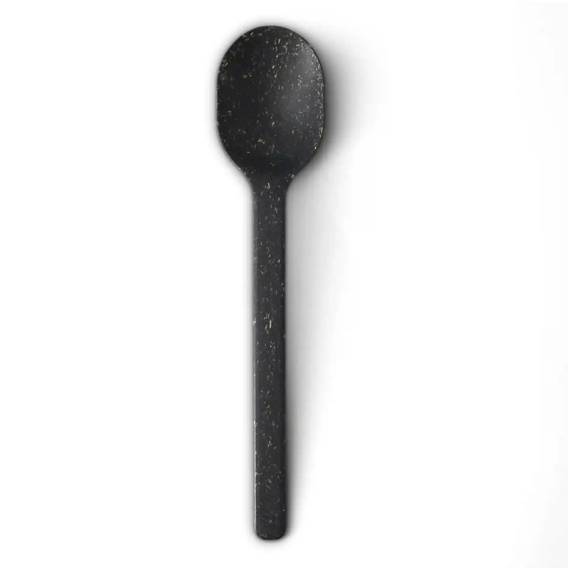 Black reusable spoon made of bio compound, measuring 18 cm in length, with a smooth surface and rounded head.