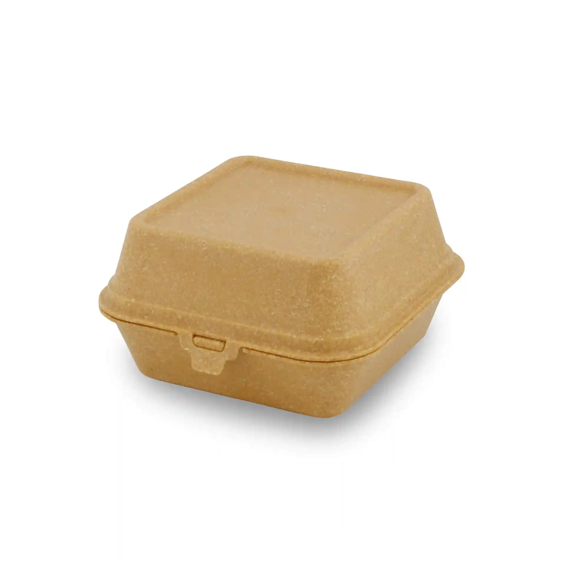 Braune wiederverwendbare Burgerbox mit quadratischer Form und Klappdeckel, 16 x 15 x 8,5 cm groß.