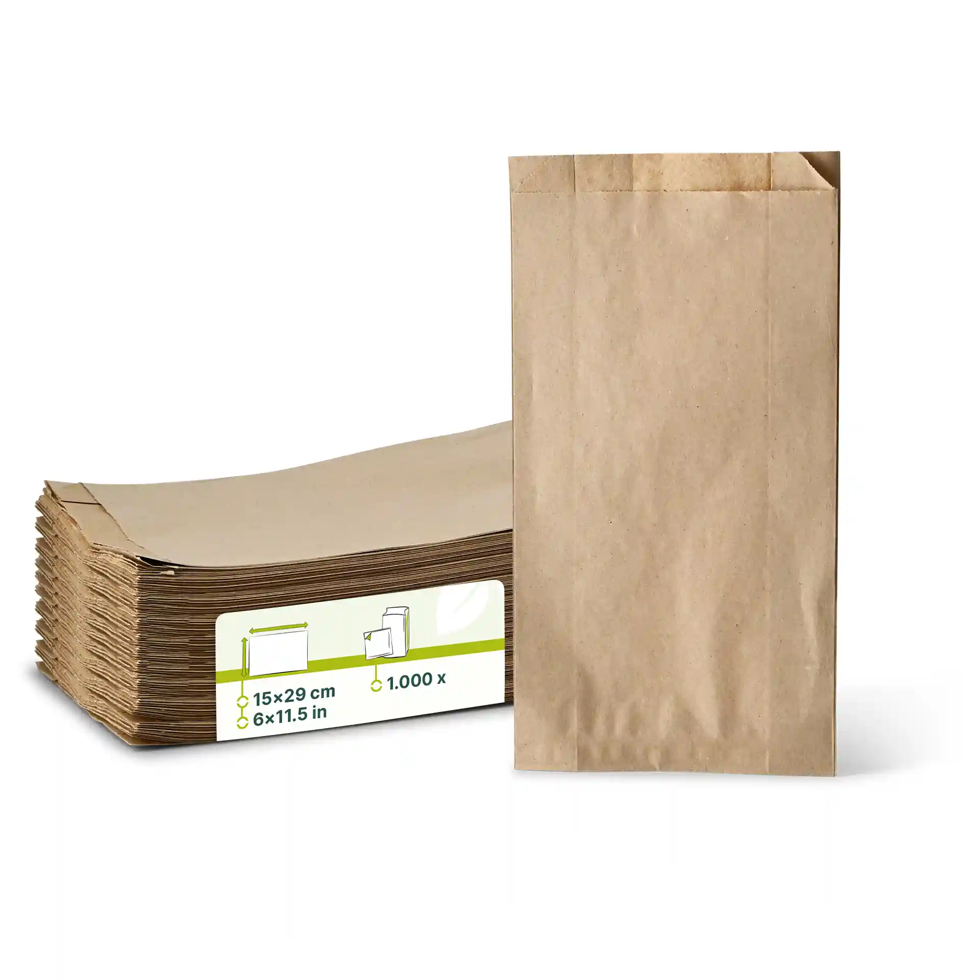 Brown flat paper bag measuring 15 x 29 cm, displayed next to a stack of similar bags.