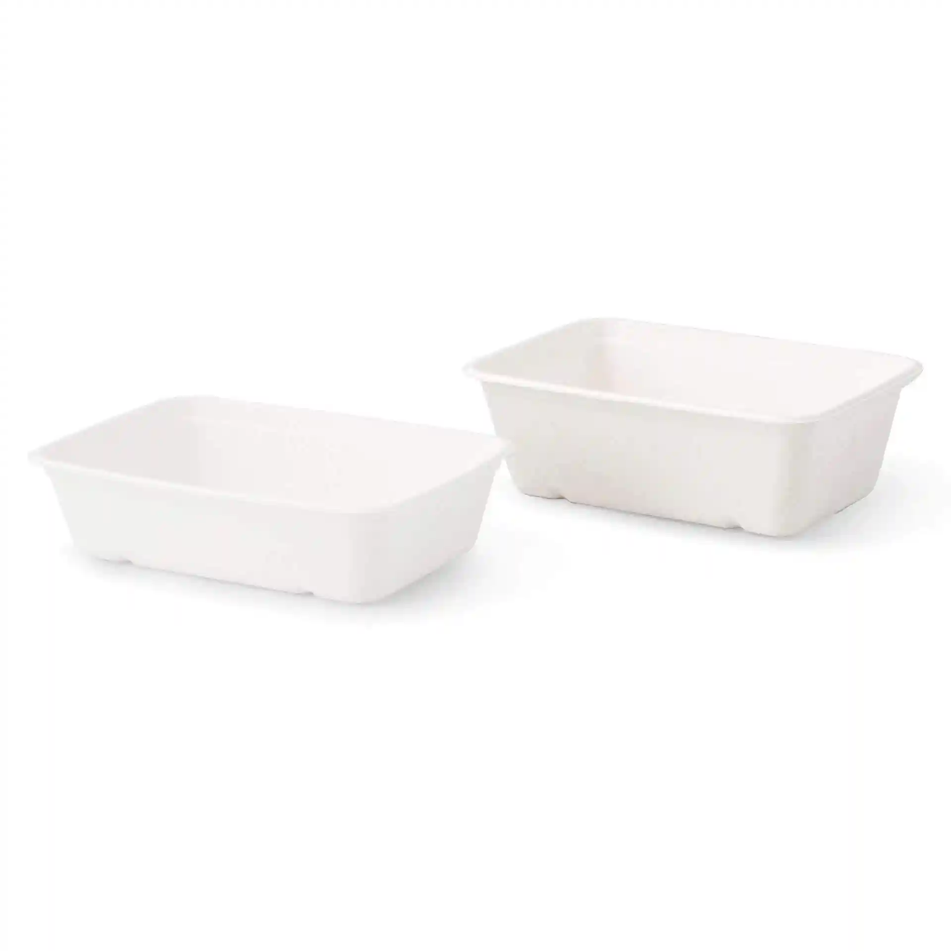 Two rectangular white sugarcane bowls, measuring 17 x 12 x 6 cm, displayed on a plain background.