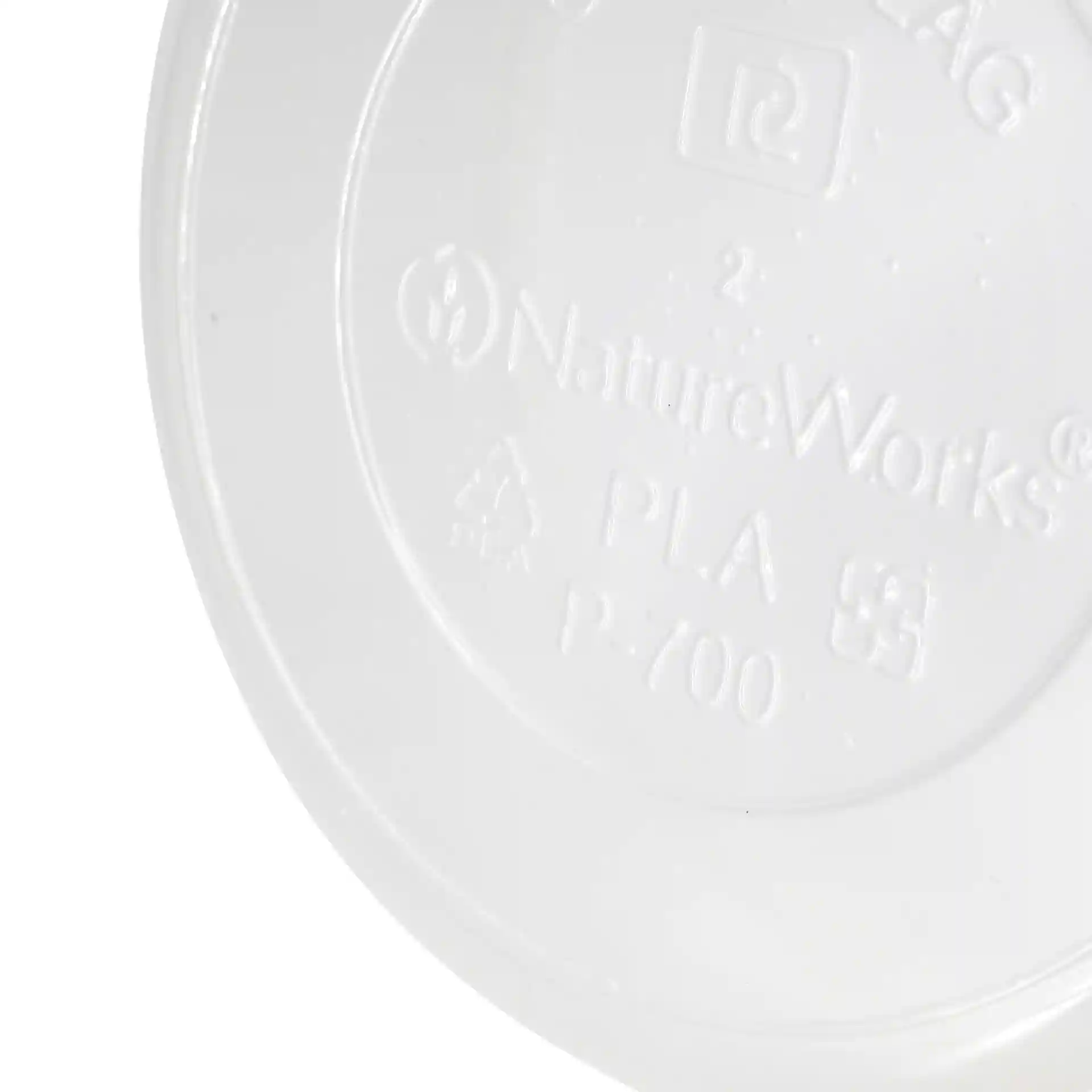 Transparent round deli container base with embossed markings, including brand and material information.