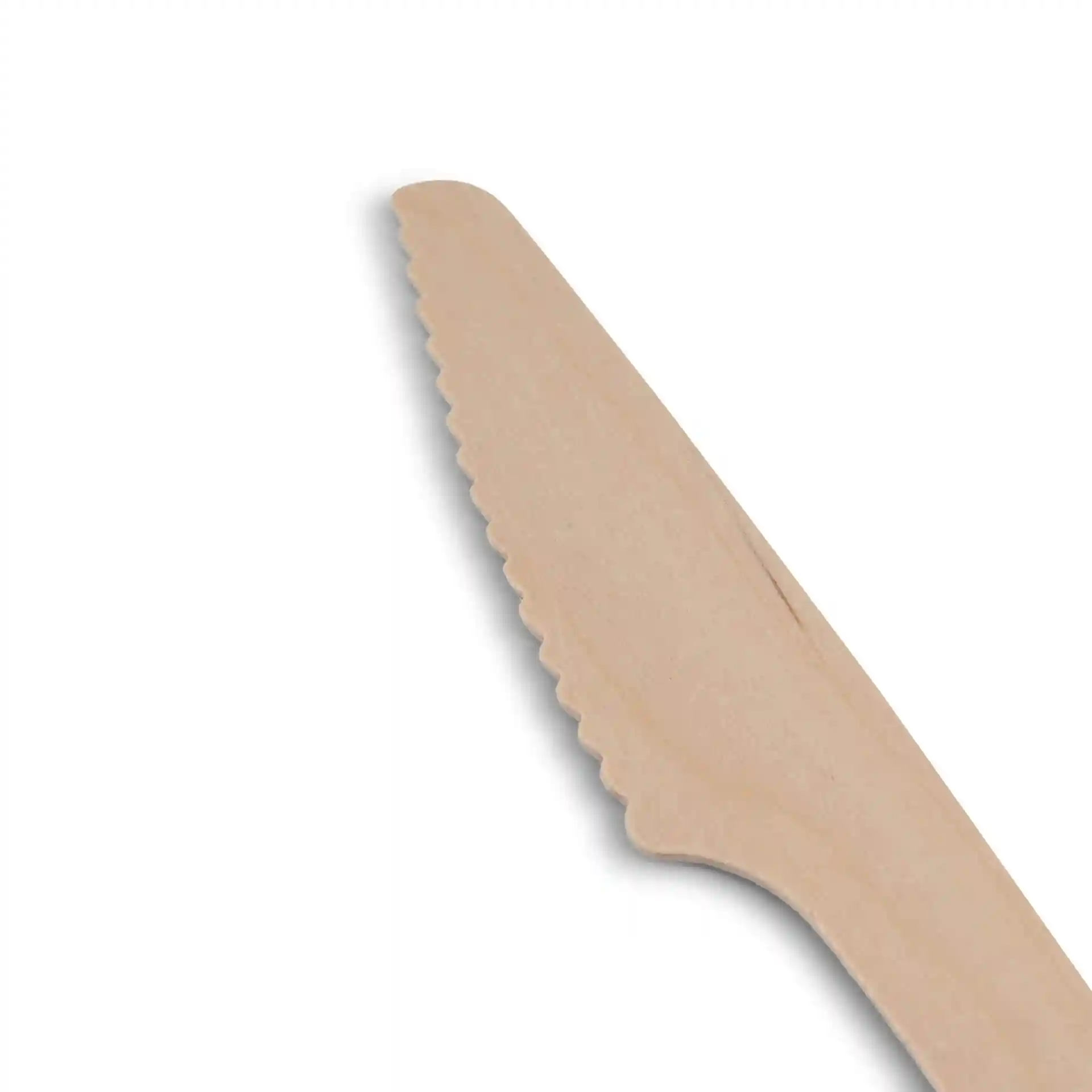 Wooden knife with a serrated edge, measuring 18 cm in length, on a white background.