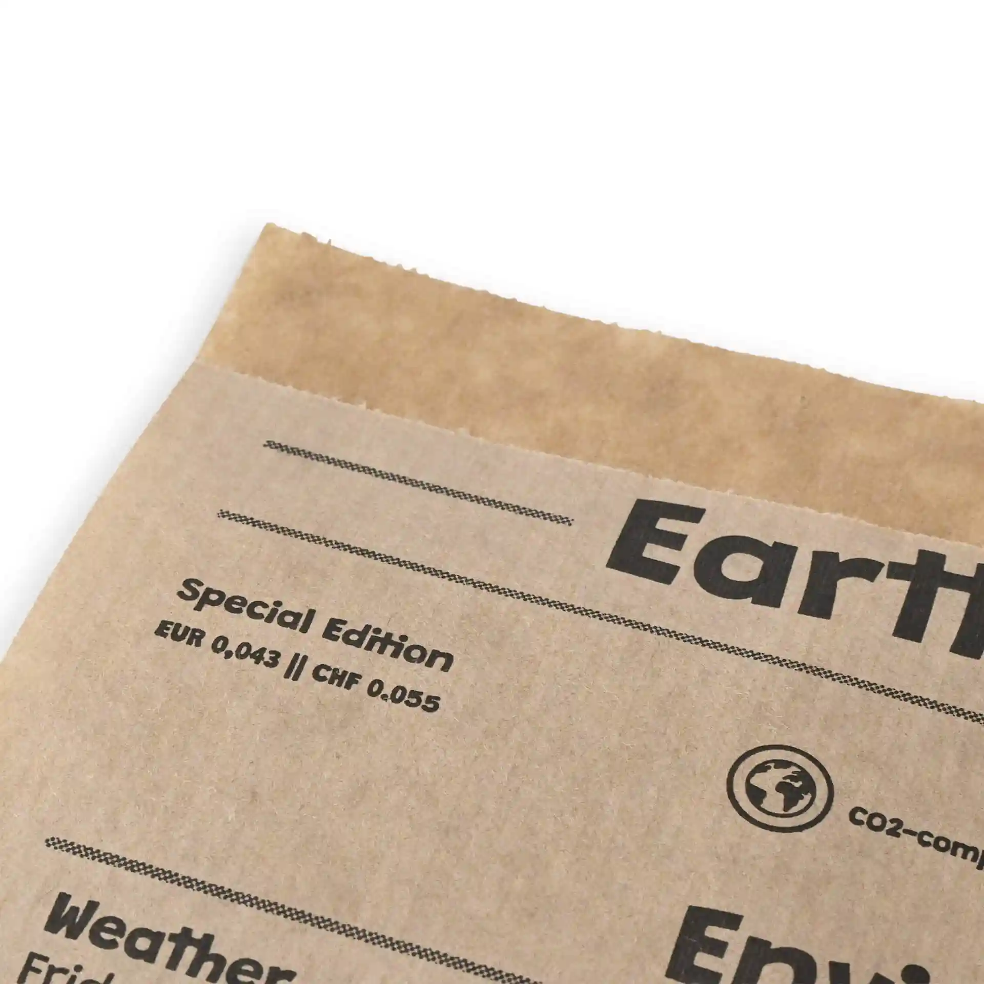 Printed paper burger bag with a newspaper look, measuring 16 x 16 cm, showing the top edge and part of the label.
