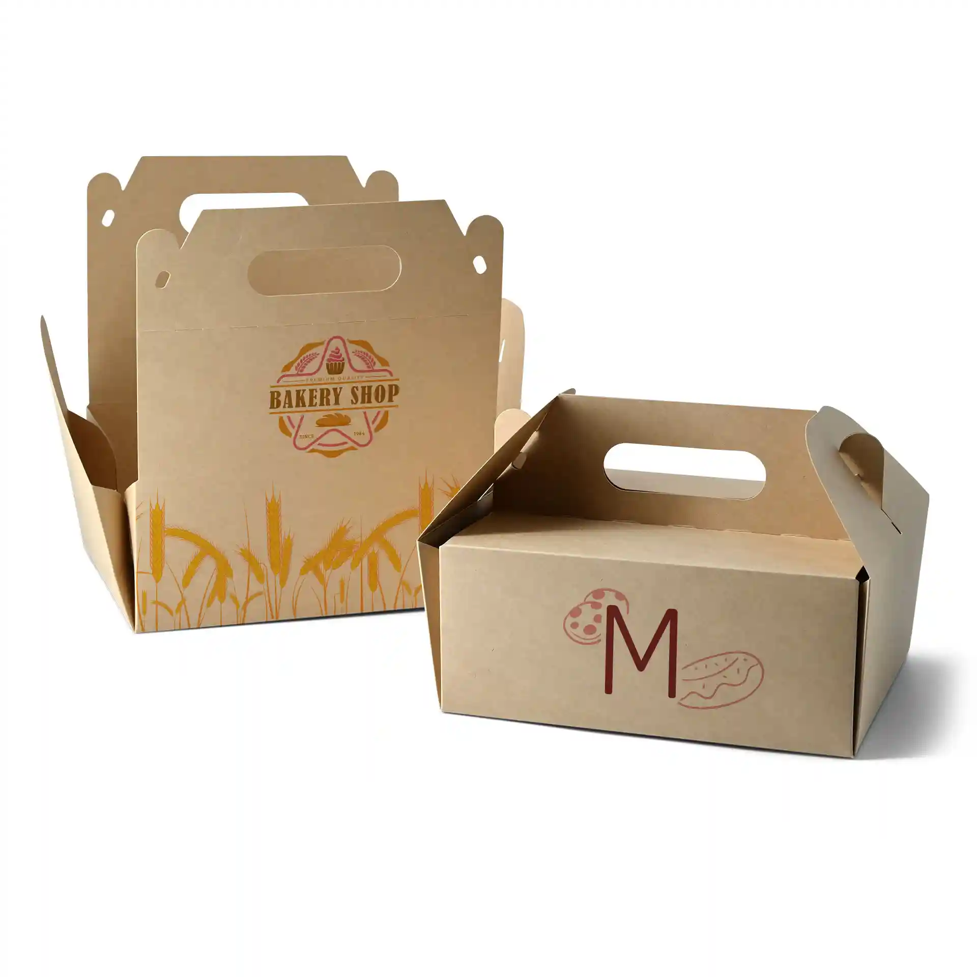 Brown custom printed cake boxes with handles, featuring bakery-themed designs and dimensions of 21 x 16 x 9 cm.