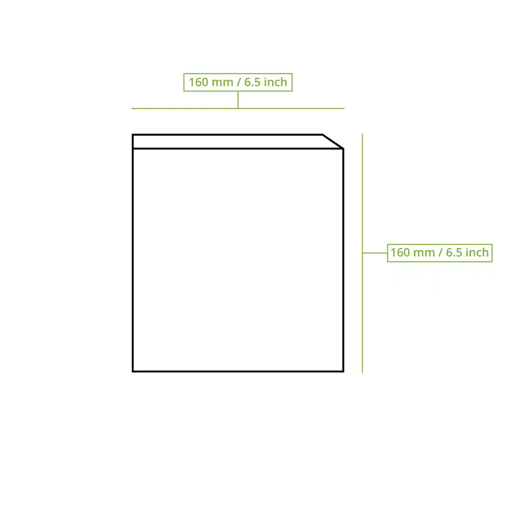 Schematic drawing of a square paper burger bag with dimensions labeled as 160 mm / 6.5 inch.