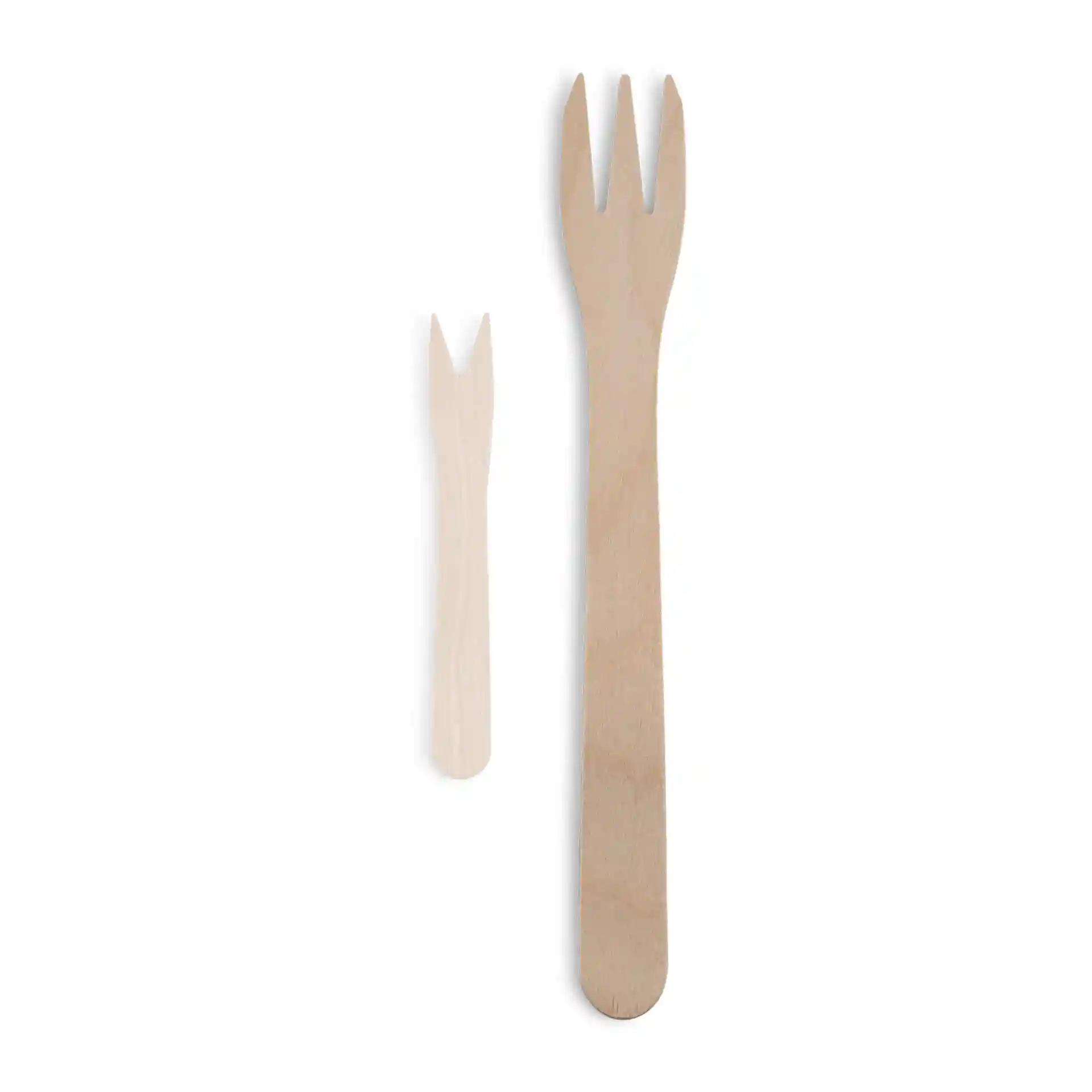 Wooden chip forks in two sizes, one large with three prongs and one small, both made of brown wood.