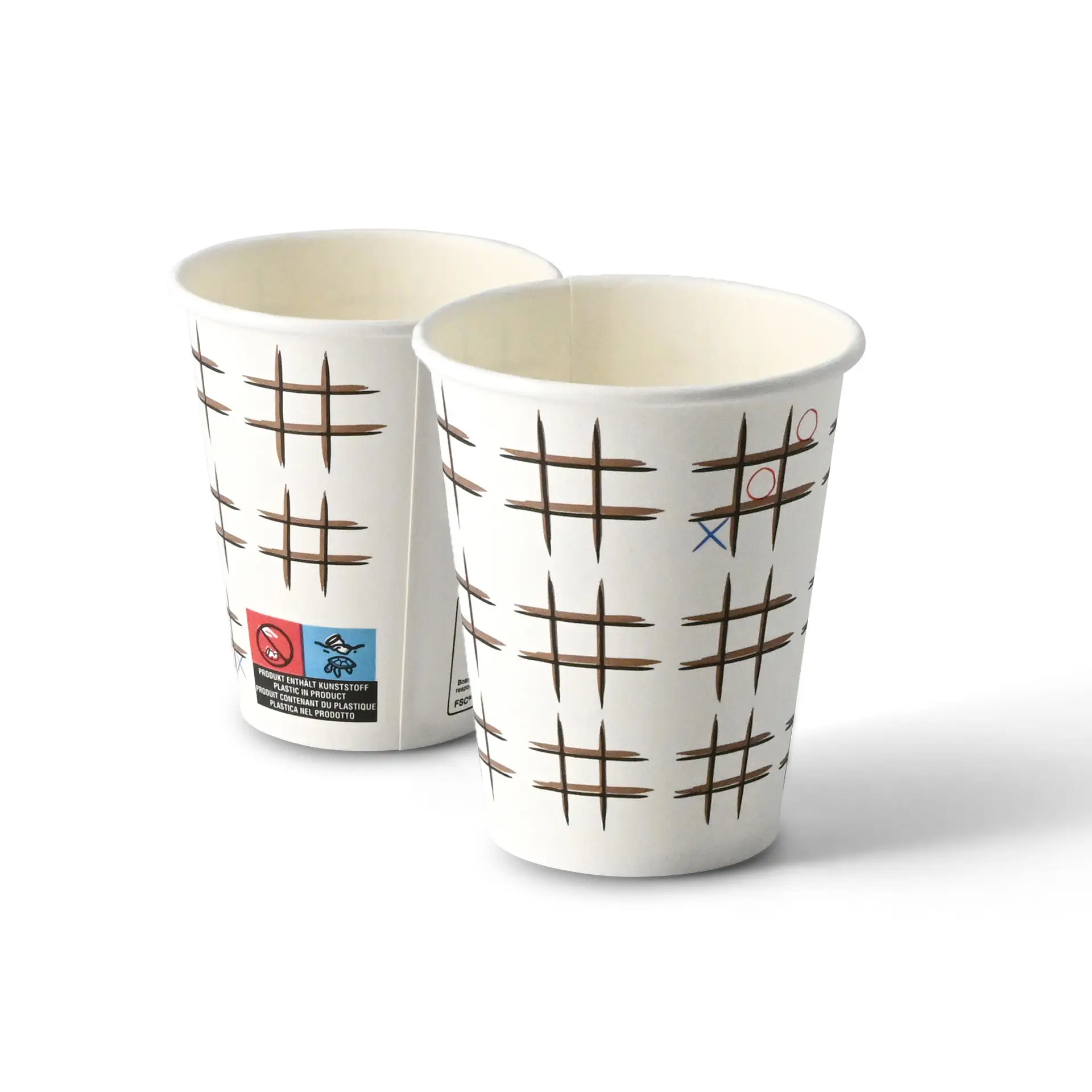 Zwei 8 oz Pappbecher mit "Tic Tac Toe"-Druck, weißer Karton, runde Form und sichtbaren Etiketten auf einem Becher.