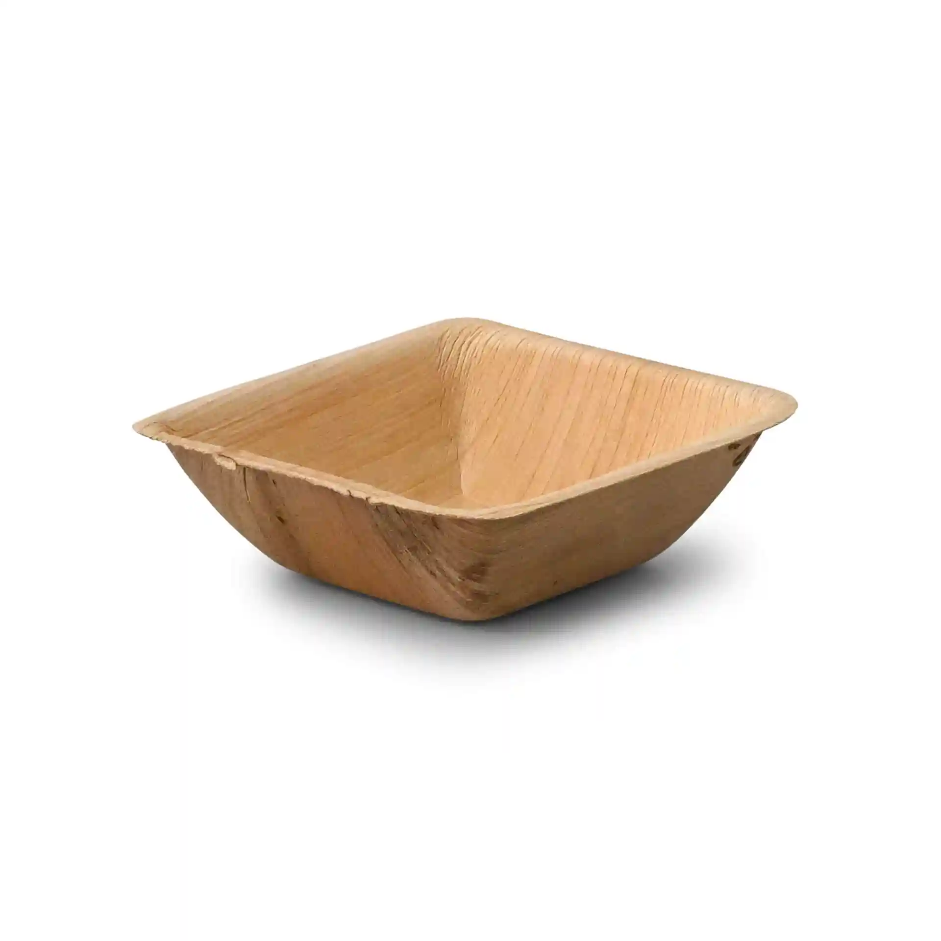 Quadratische Palmblatt-Schüssel mit Holzmaserung, 132 mm lang und breit, 41 mm hoch.