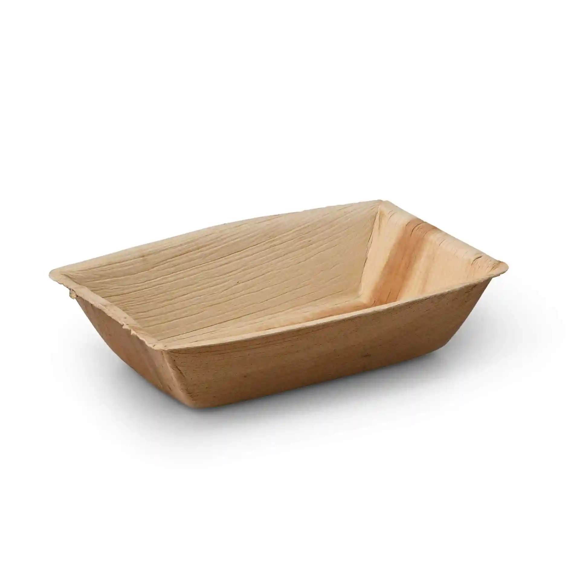 Rechteckige Schale aus Palmblatt mit einer Maserung, 170 mm lang, 123 mm breit und 40 mm hoch.