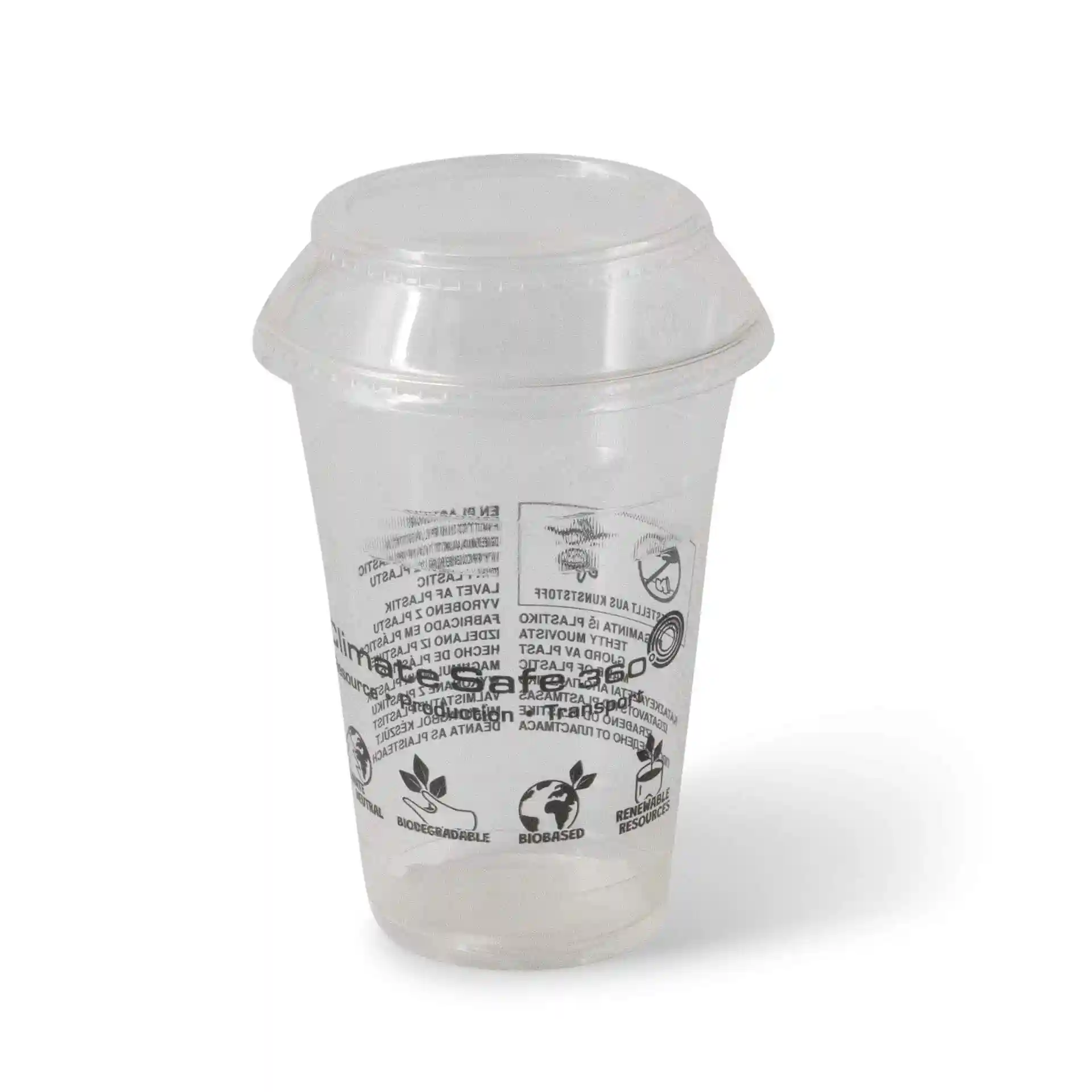 Transparenter 16 oz PLA Smoothie-Becher mit Deckel, mit verschiedenen Symbolen und Markierungen auf der Oberfläche.