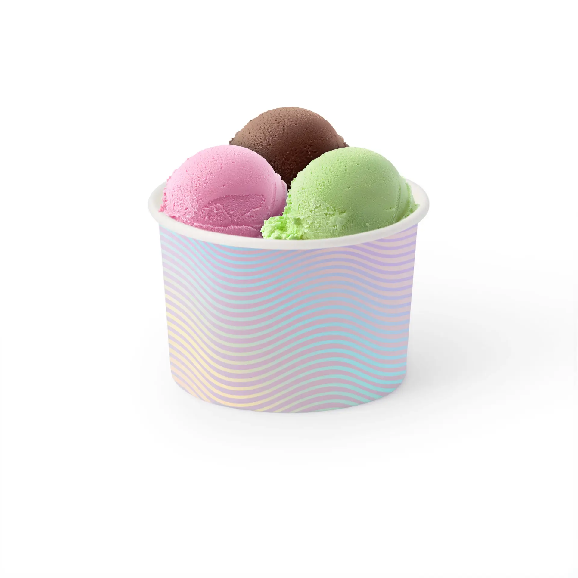 Cup containing three scoops of ice cream: pink, green, and brown varieties in a printed ice cream cup.