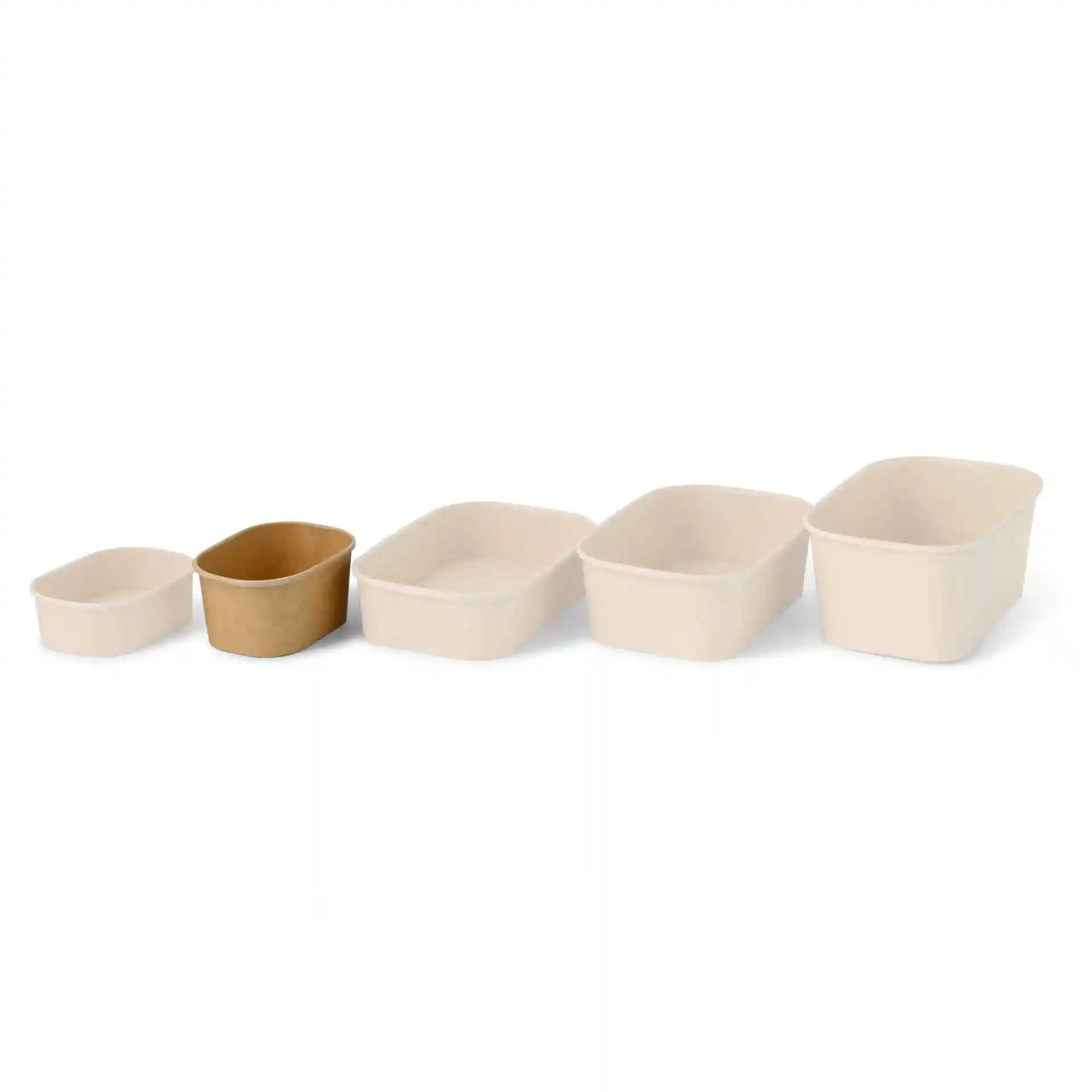 Set of four rectangular food containers in beige and brown cardboard, varying in size from small to large.