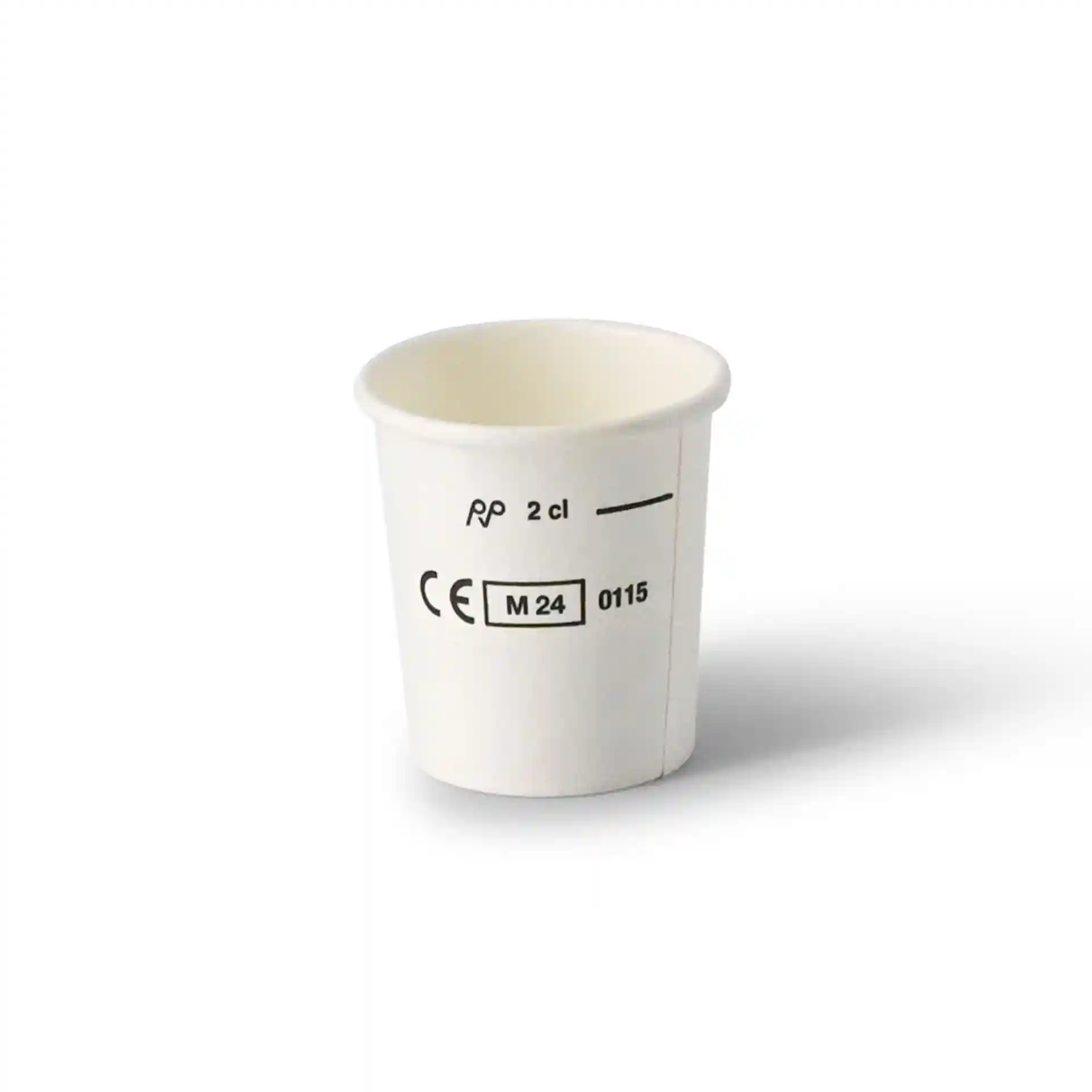Weißer Becher mit einer Höhe von 40,6 mm und einem Durchmesser von 40 mm oben, mit gedruckten Markierungen.