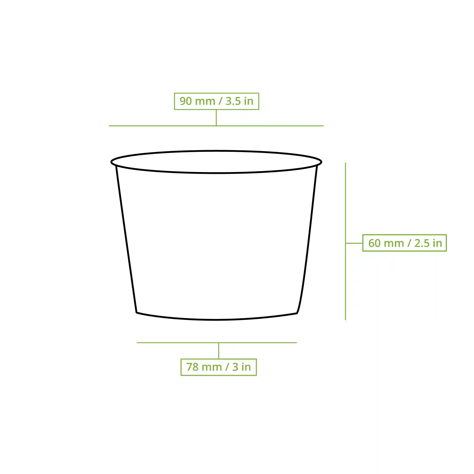 Schematische Zeichnung eines runden Pappbechers für Suppe mit Abmessungen: oberer Durchmesser 90 mm, Höhe 60 mm, unterer Durchmesser 78 mm.