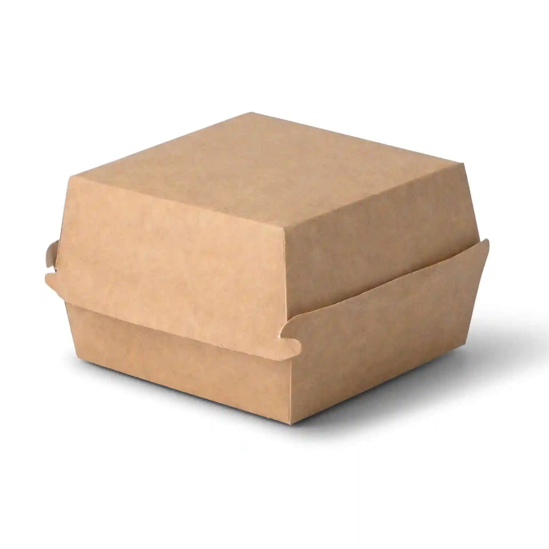 Braune rechteckige Takeaway-Burgerbox aus Pappe, 11 x 11 x 8 cm groß.