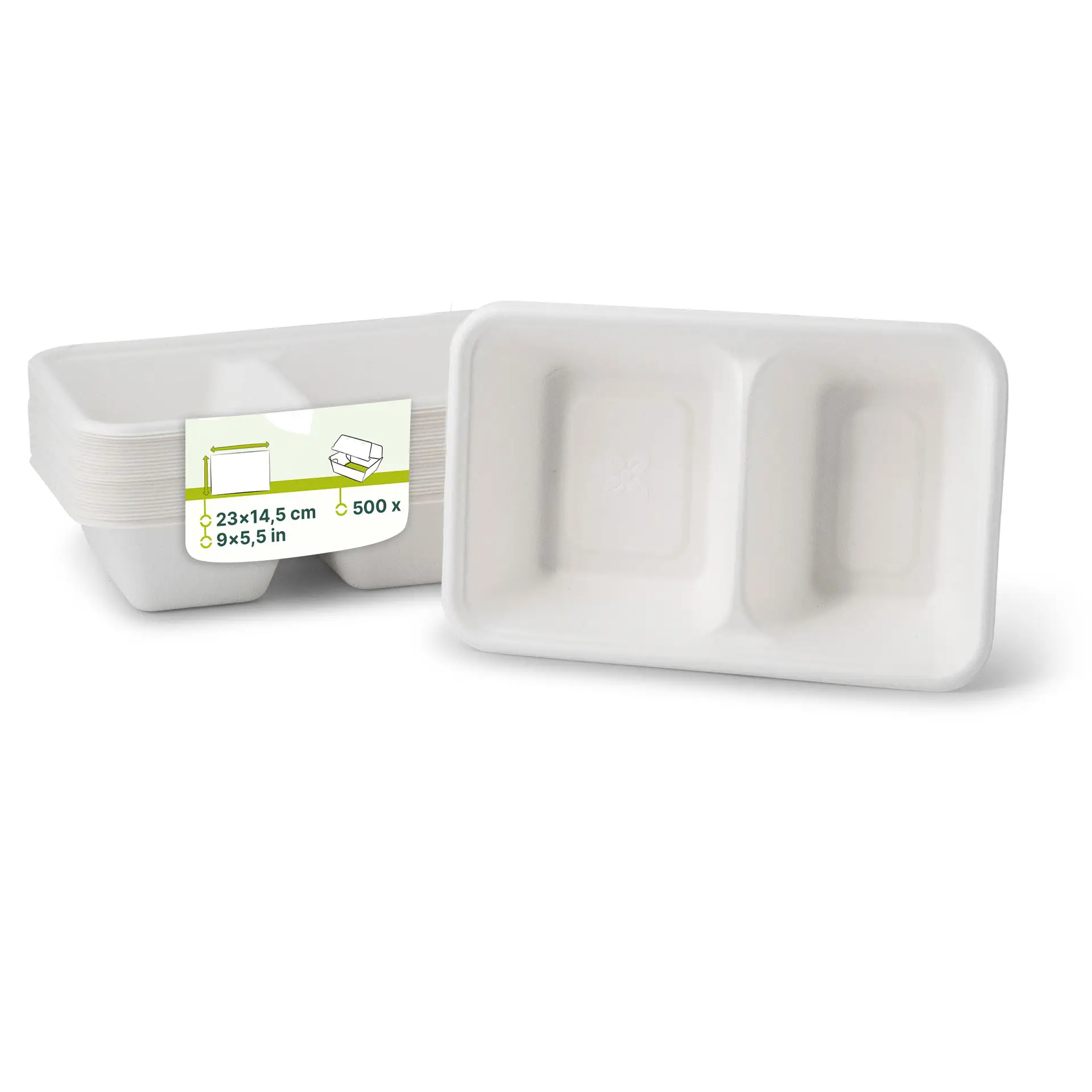 Menüschalen aus Zuckerrohr 1000 ml, 23 x 14,5 x 5 cm, 2 Kammern, rechteckig Menüschalen aus Zuckerrohr 1000 ml, 23 x 14,5 x 5 cm, 2 Kammern, rechteckig