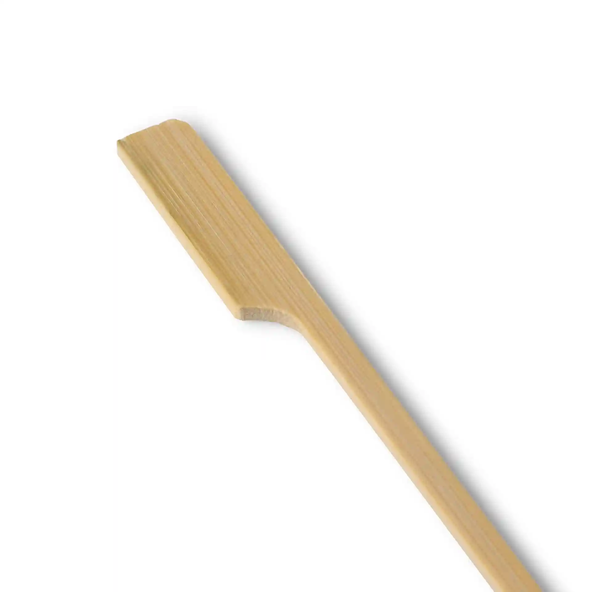Bamboo paddle skewer, 15 cm long, with a flat end and a smooth brown surface.