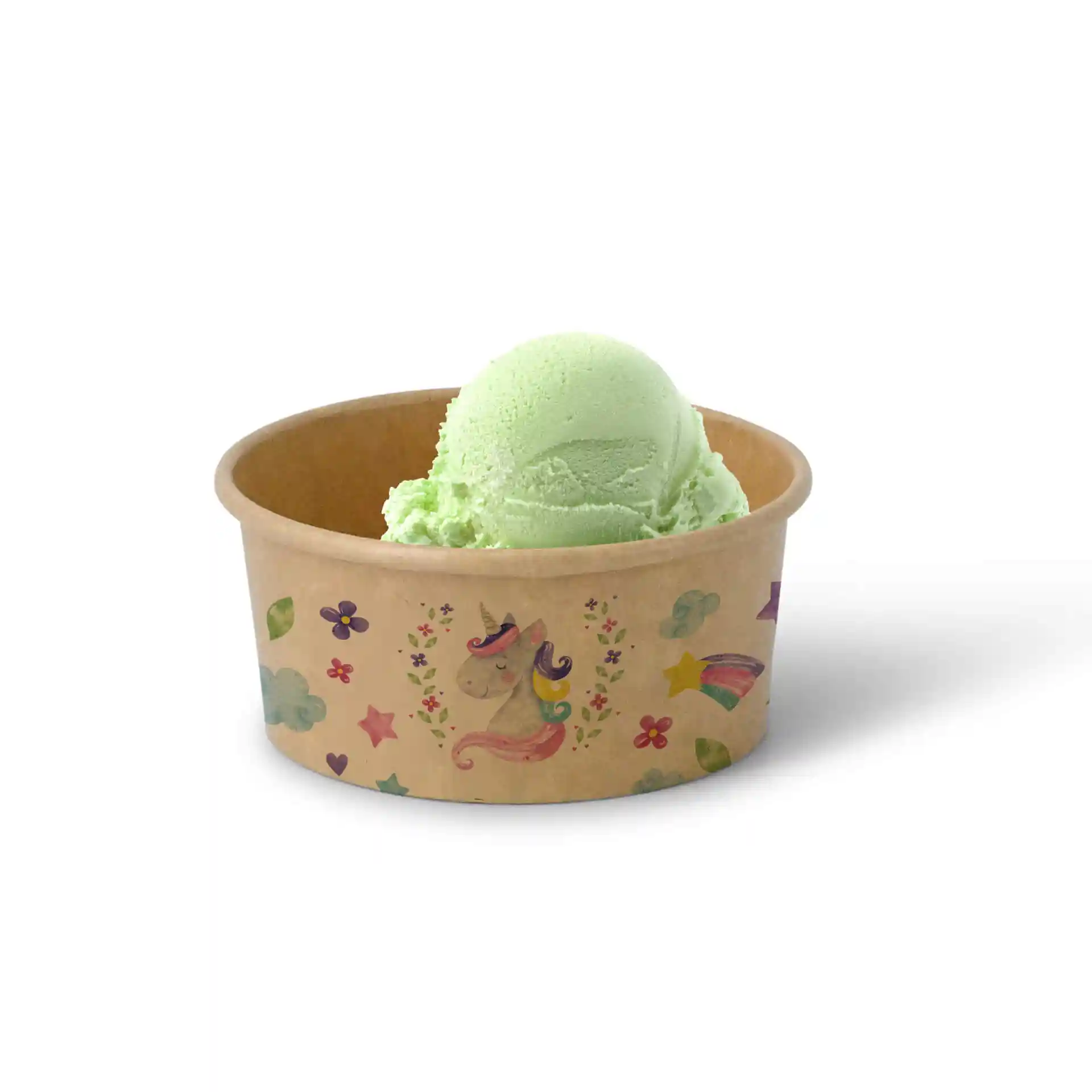 Round brown ice cream cup with a unicorn design, filled with green ice cream, on a plain background.