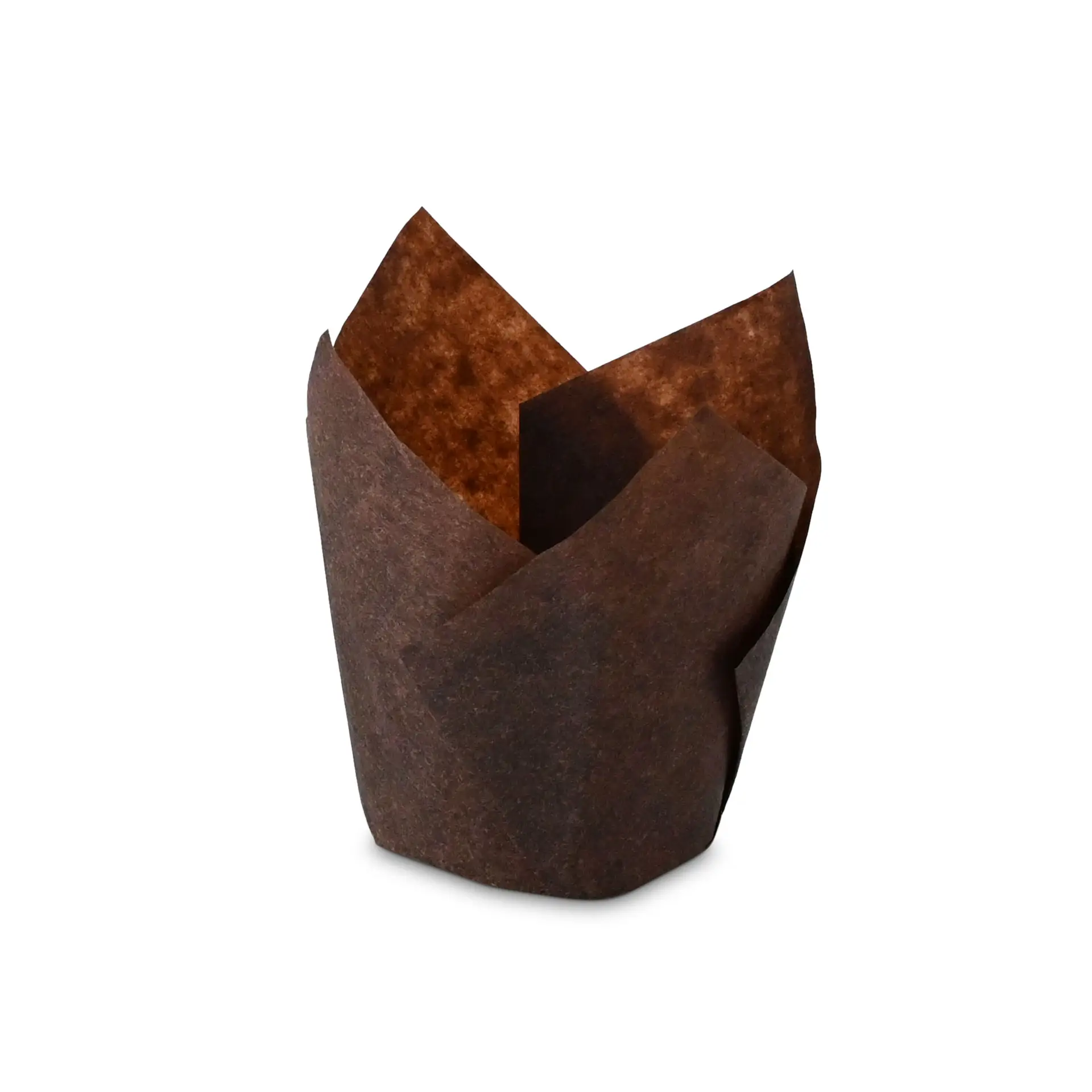 Brown greaseproof paper muffin cup with a height of 80 mm and a 5 cm diameter. Suitable for baking and serving baked goods.