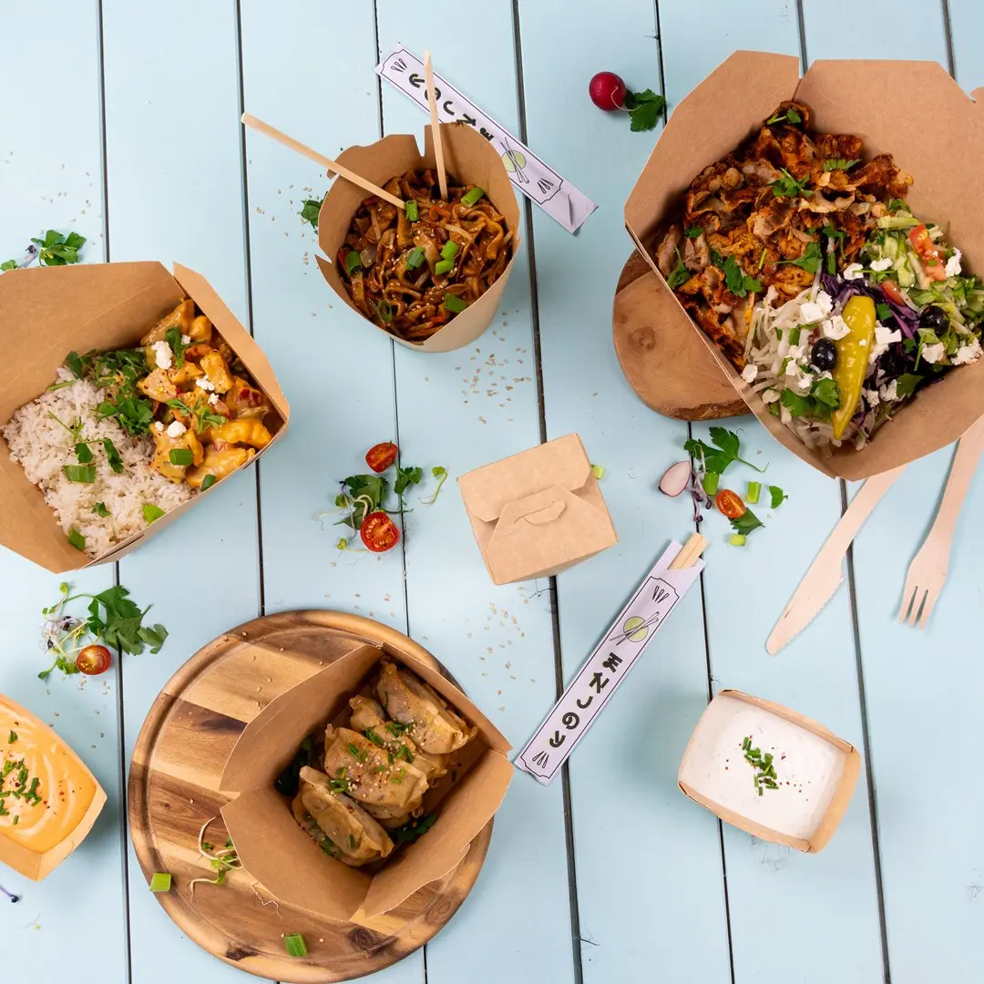 Verschiedene Take-away-Behälter mit Nudeln, Reis, Salat und Teigtaschen auf einer blauen Holzoberfläche.