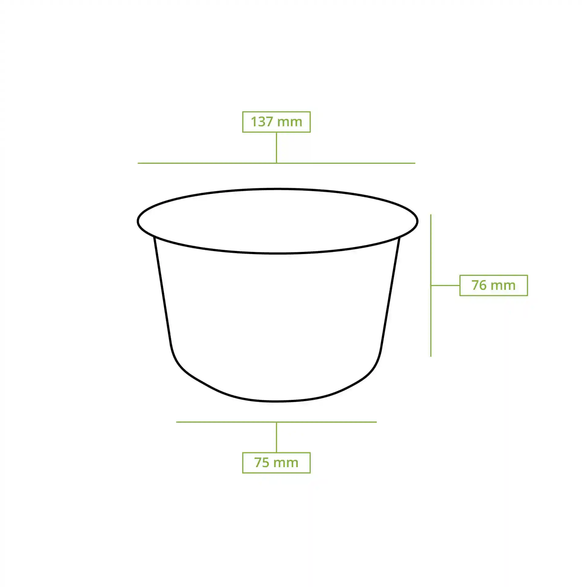 Schematic drawing of a sugarcane soup cup with dimensions: 135 mm top diameter, 75 mm bottom diameter, and 76 mm height.